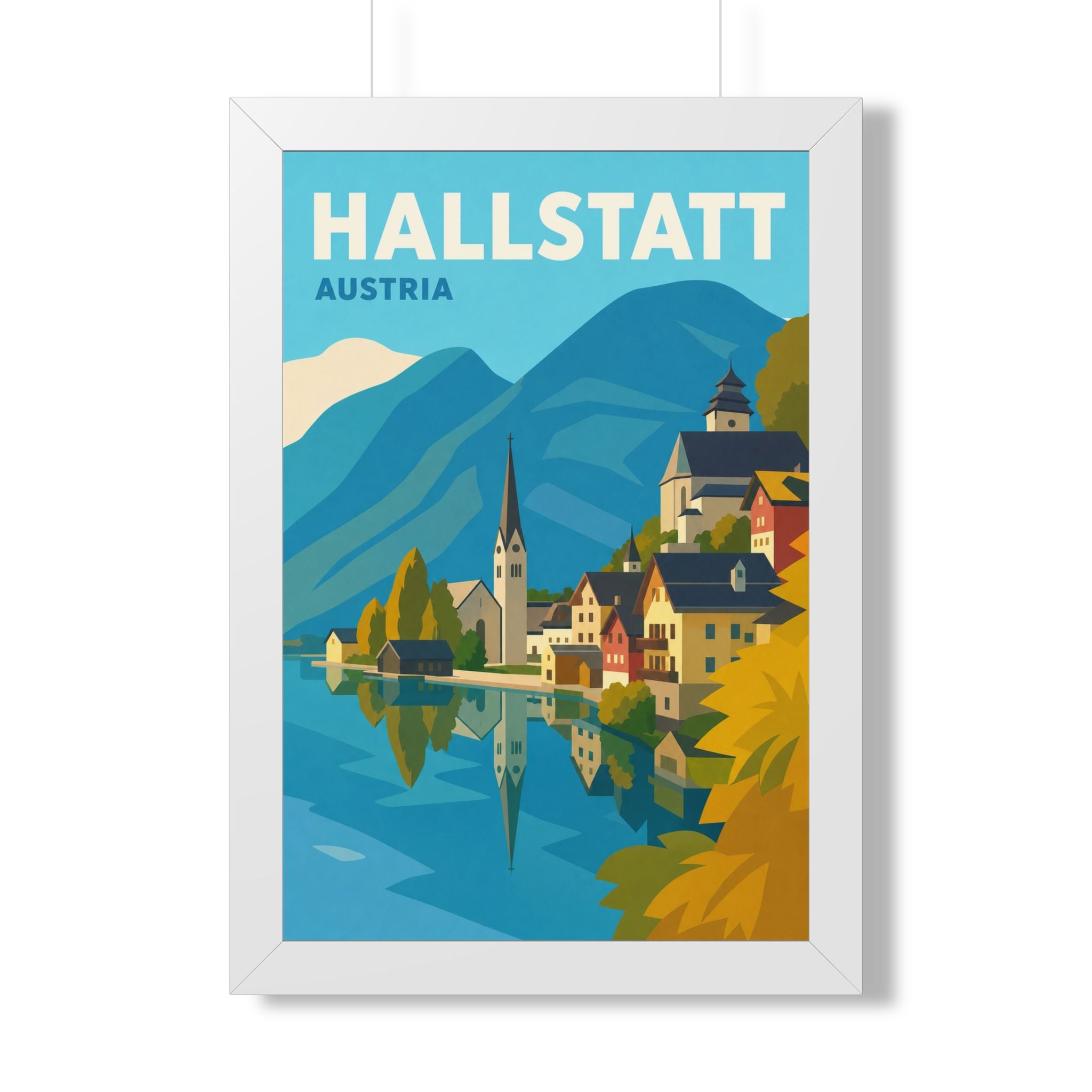Hallstatt Austria Framed Poster | Vintage Travel Wall Art | Black Walnut White Frame | 16x24 20x30