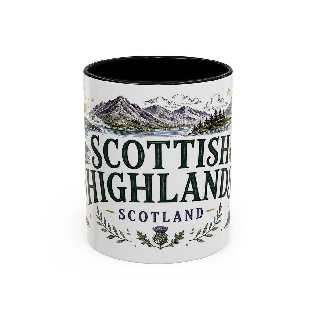 Scottish Highlands Coffee Mug | Travel Destination Souvenir Gift | Accent Color Ceramic 11oz 15oz