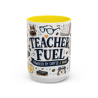Teacher Fuel Coffee Mug | Powered by Coffee and Wine Funny Gift | Accent Color Ceramic 11oz 15oz