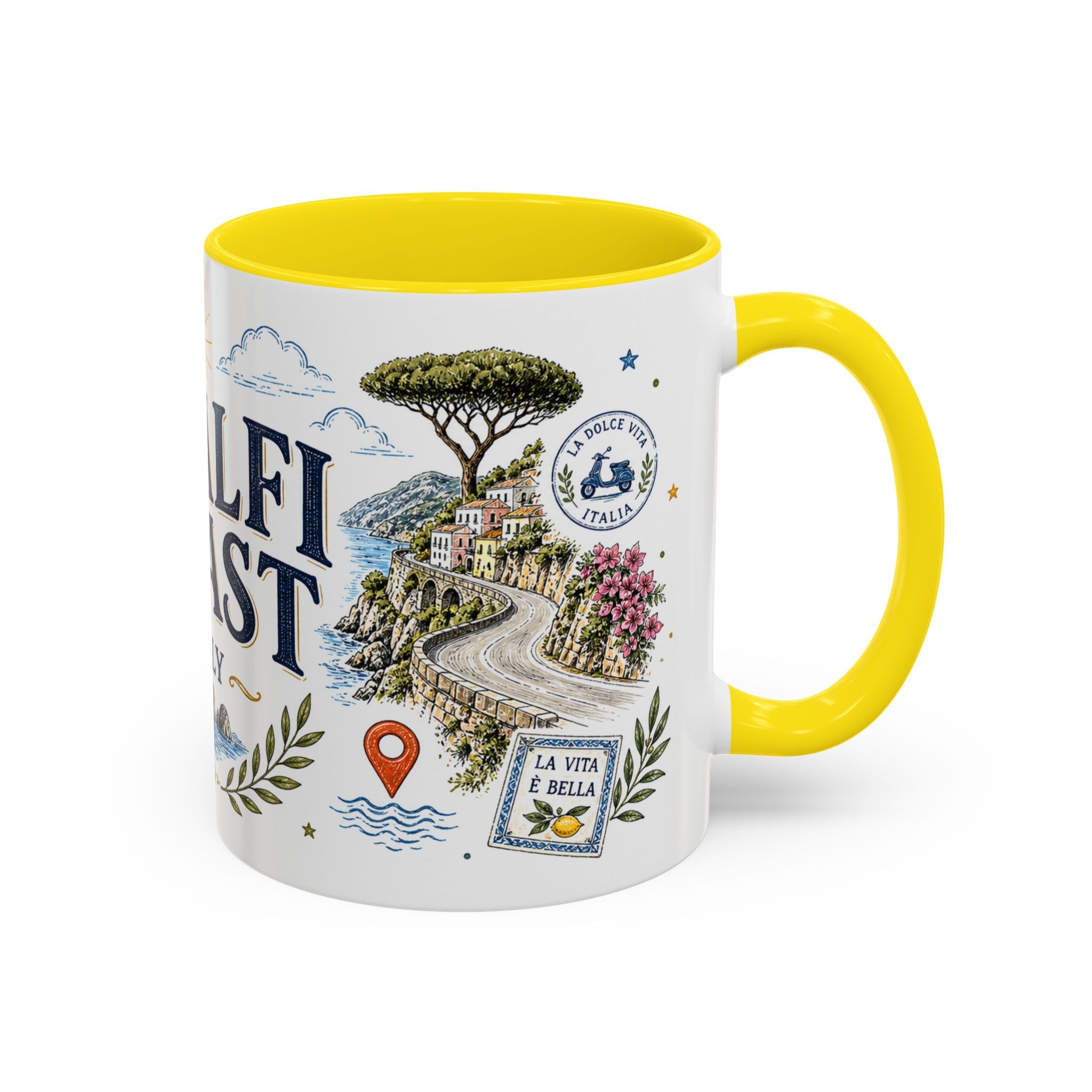 Amalfi Coast Coffee Mug | Travel Destination Souvenir Gift | Accent Color Ceramic 11oz 15oz