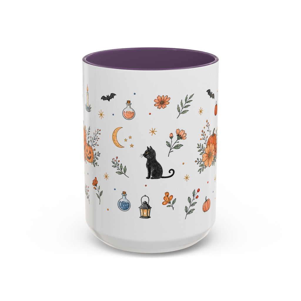 Black Cat Halloween Mug | Pumpkin Moon Watercolor Gift | Spooky Accent Cup 11oz 15oz