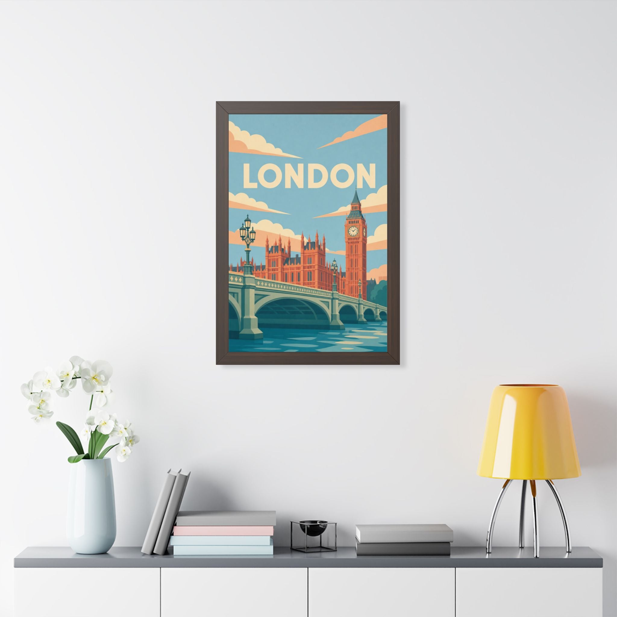 London Westminster United Kingdom Framed Poster | Vintage Travel Wall Art | Black Walnut White Frame | 16x24 20x30