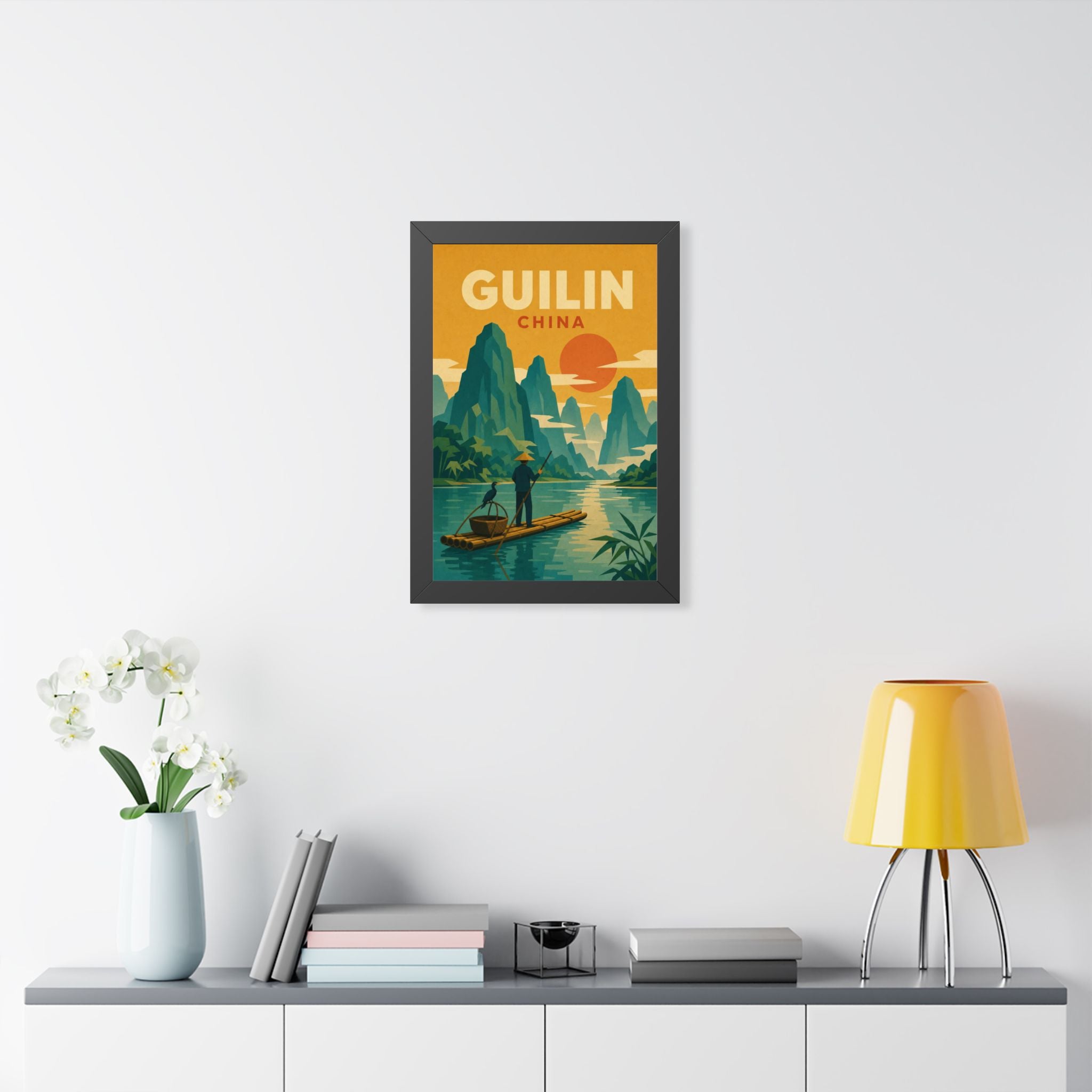 Guilin China Framed Poster | Vintage Travel Wall Art | Black Walnut White Frame | 16x24 20x30