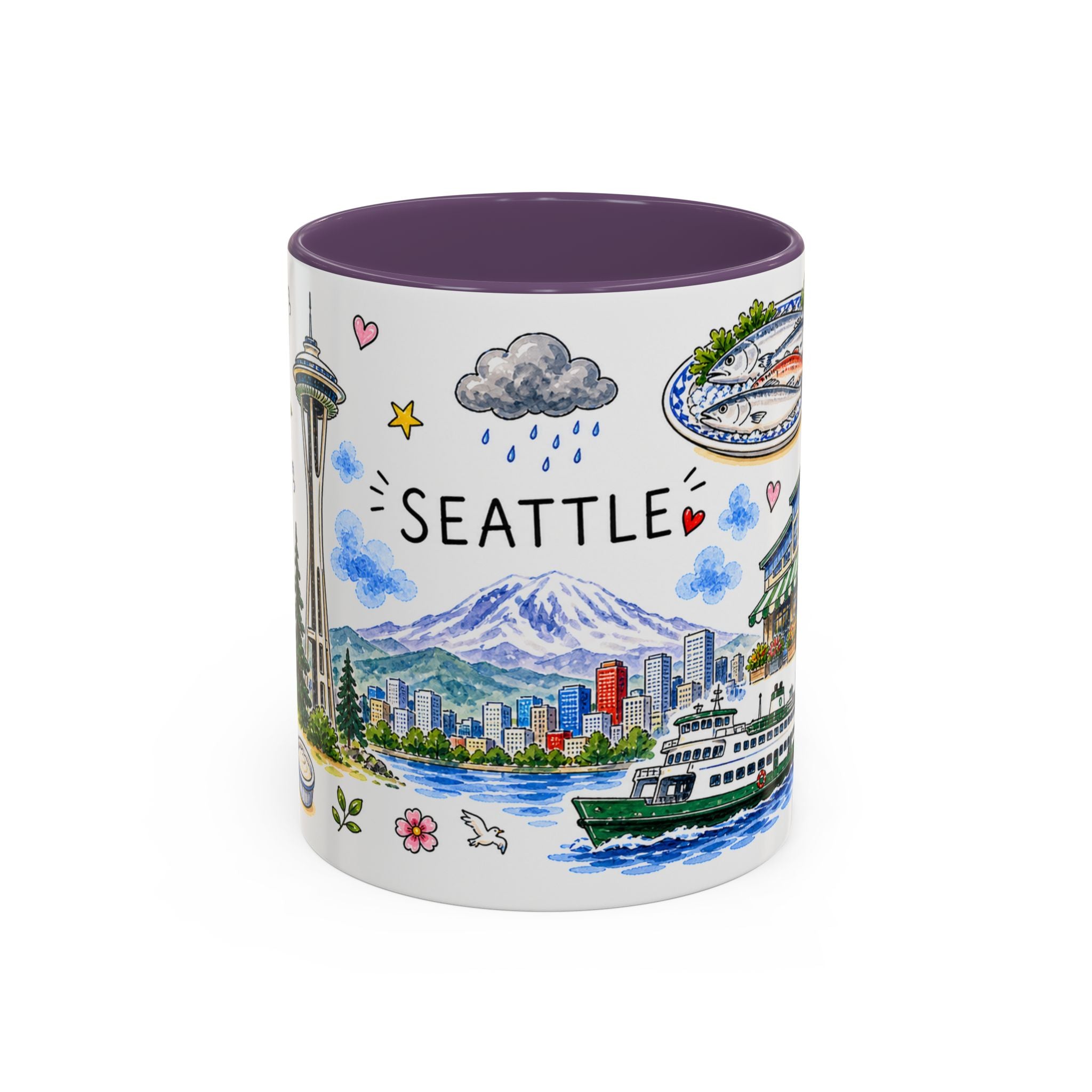 Seattle Illustrated Travel Mug | City Souvenir Accent Coffee Mug | 11oz 15oz Ceramic Cup
