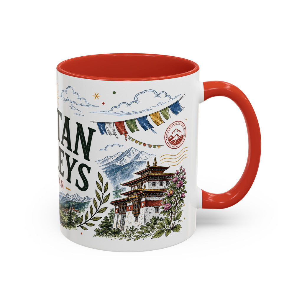 Bhutan Valleys Coffee Mug | Travel Destination Souvenir Gift | Accent Color Ceramic 11oz 15oz