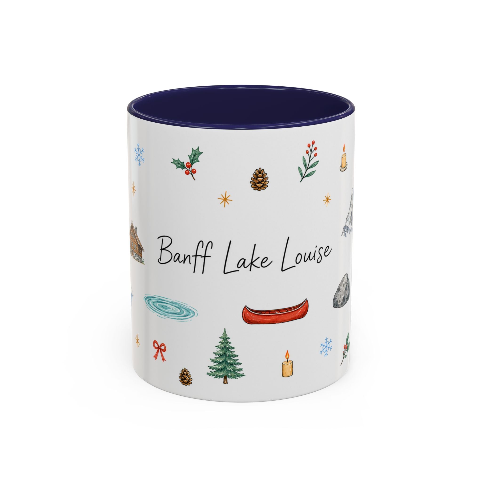 Banff Lake Louise Christmas Mug | Watercolor Travel Souvenir | Holiday Gift | Accent Ceramic Coffee Cup 11oz 15oz