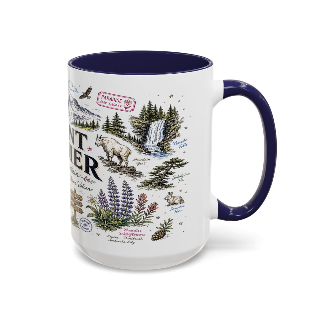Mount Rainier Coffee Mug | National Park Hiking Washington Gift | Accent Color Ceramic 11oz 15oz