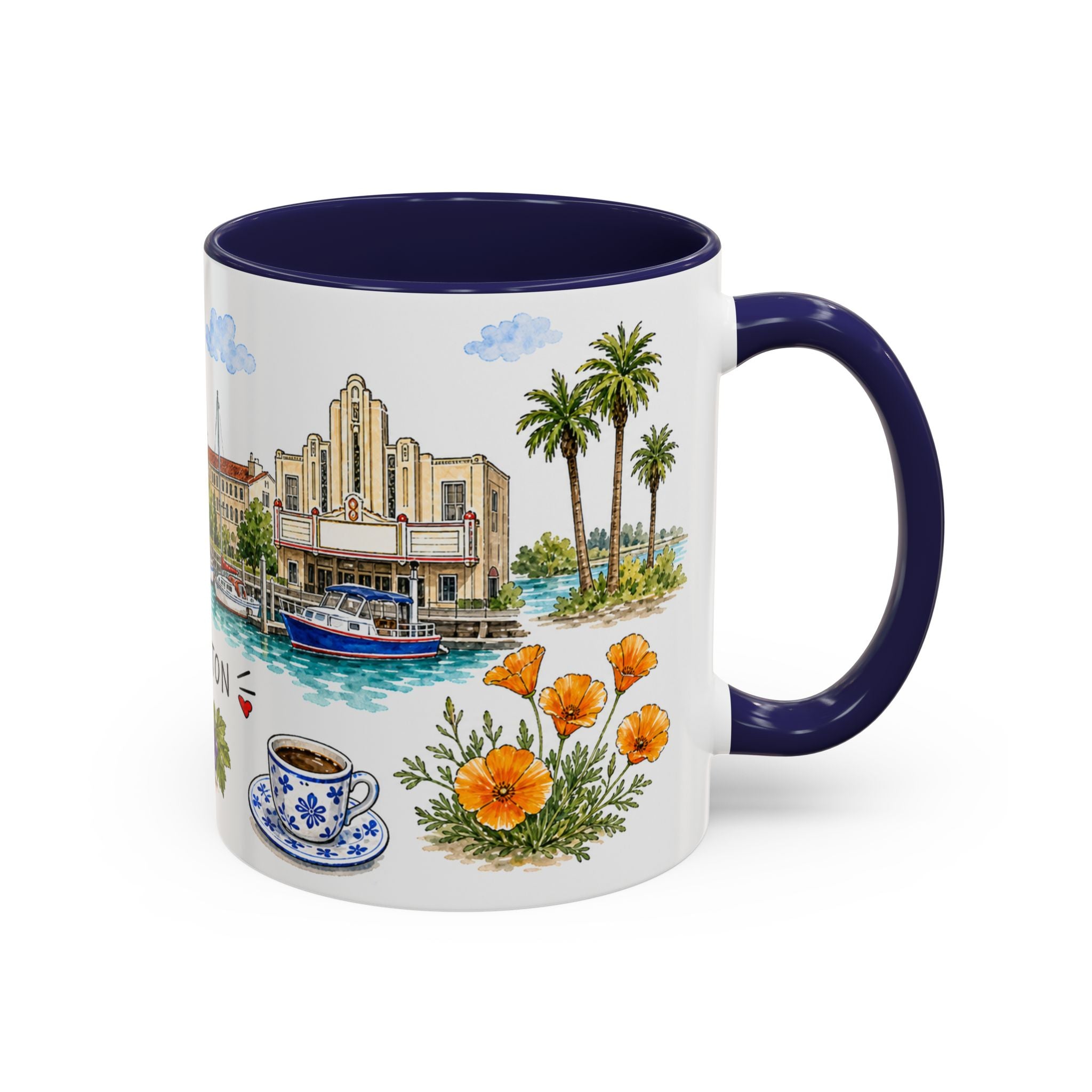 Stockton Illustrated Travel Mug | City Souvenir Accent Coffee Mug | 11oz 15oz Ceramic Cup