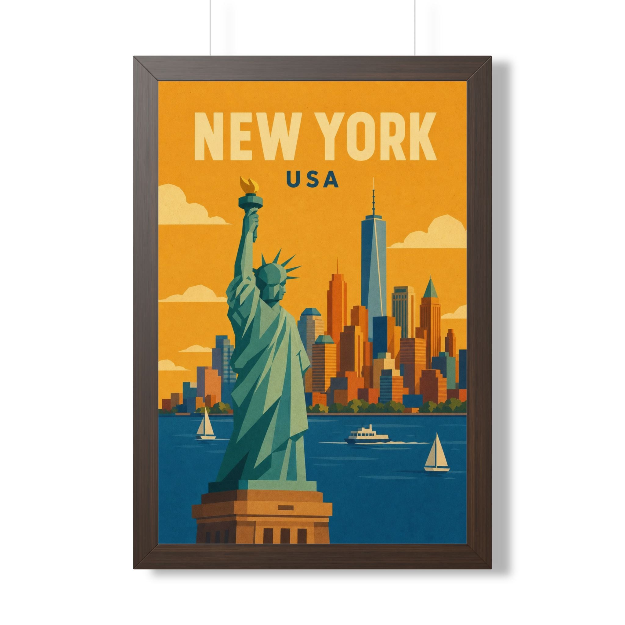 New York Statue of Liberty United States Framed Poster | Vintage Travel Wall Art | Black Walnut White Frame | 16x24 20x30