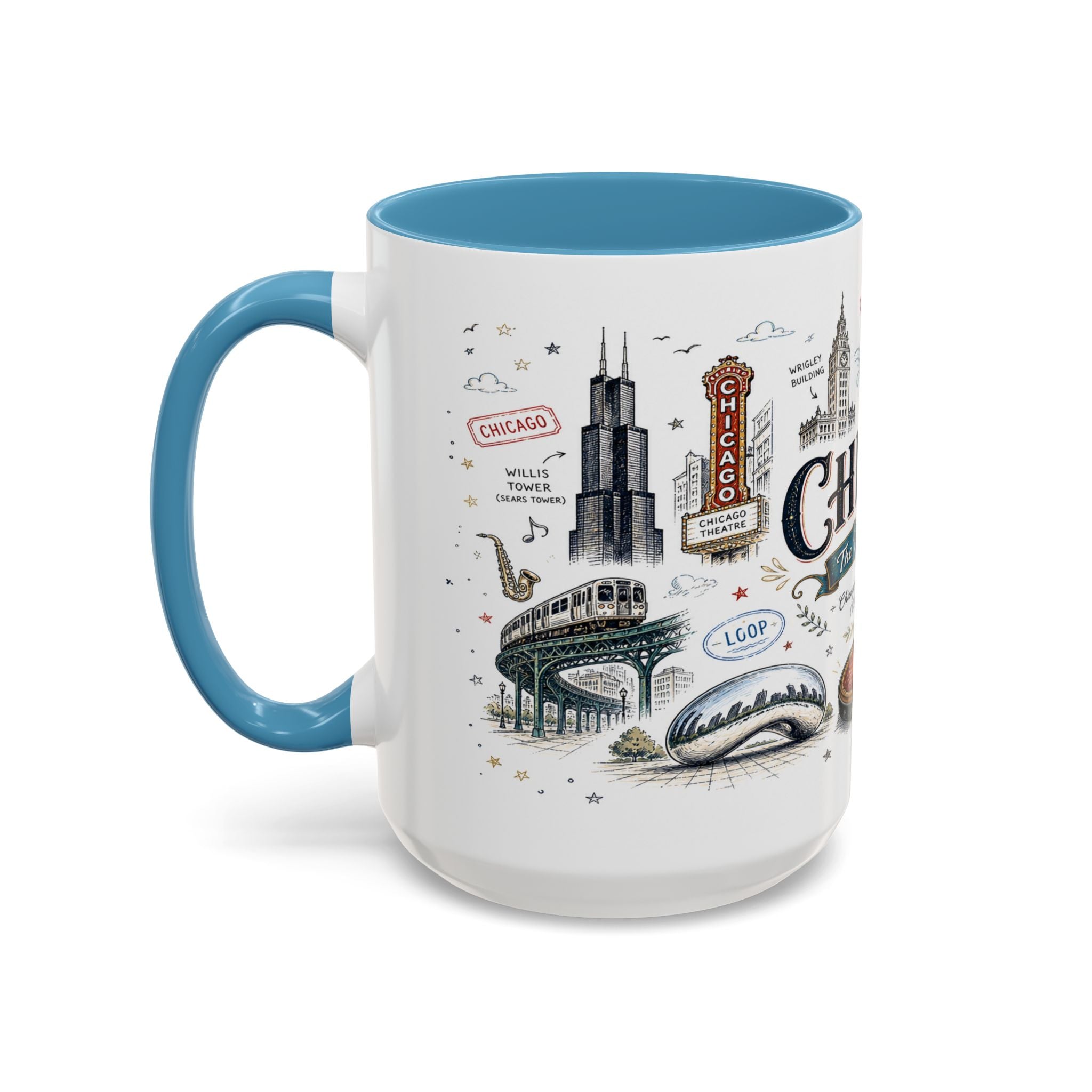 Chicago Coffee Mug | Illinois Souvenir City Gift | Accent Color Ceramic 11oz 15oz