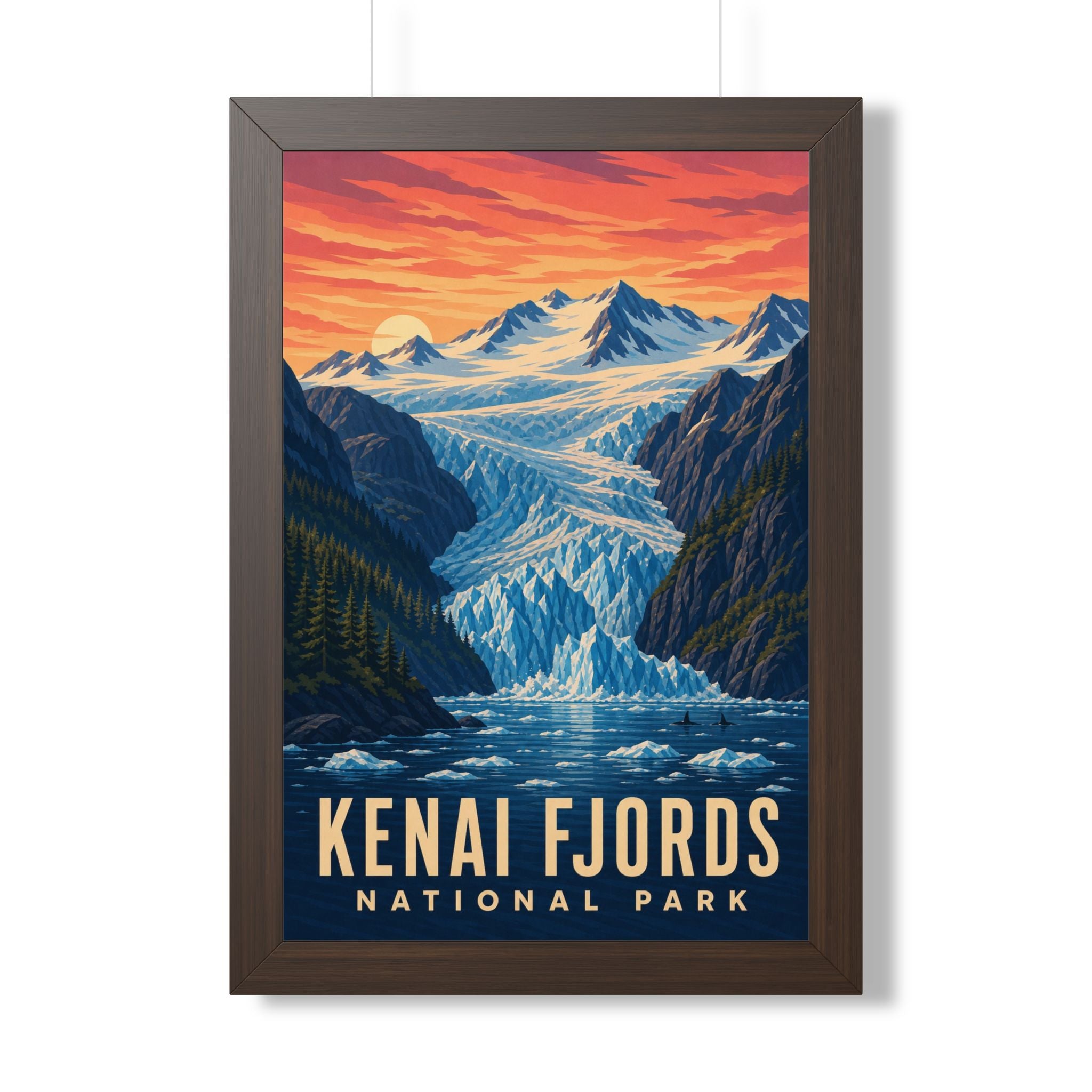 Kenai Fjords National Park Framed Poster | Vintage Travel Wall Art | Black Walnut White Frame | 16x24 20x30