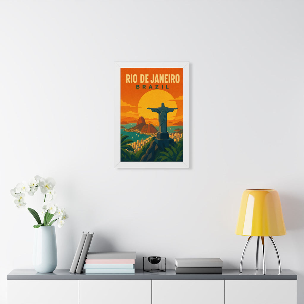 Rio de Janeiro Sunset Brazil Framed Poster | Vintage Travel Wall Art | Black Walnut White Frame | 16x24 20x30