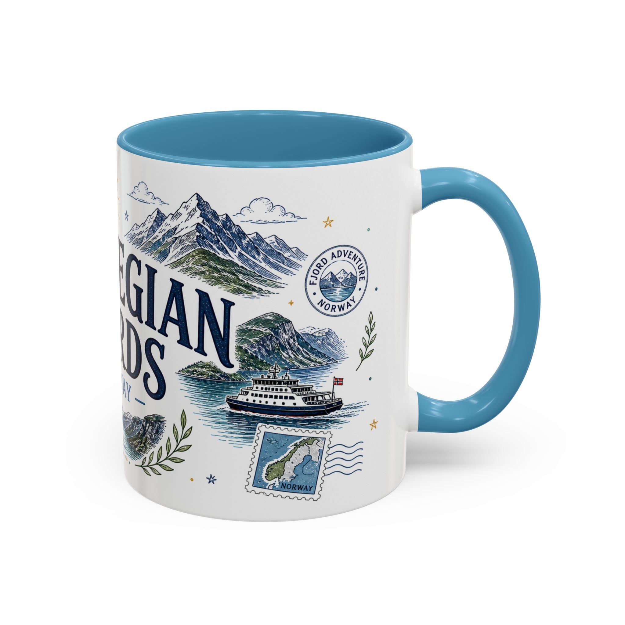 Norwegian Fjords Coffee Mug | Travel Destination Souvenir Gift | Accent Color Ceramic 11oz 15oz