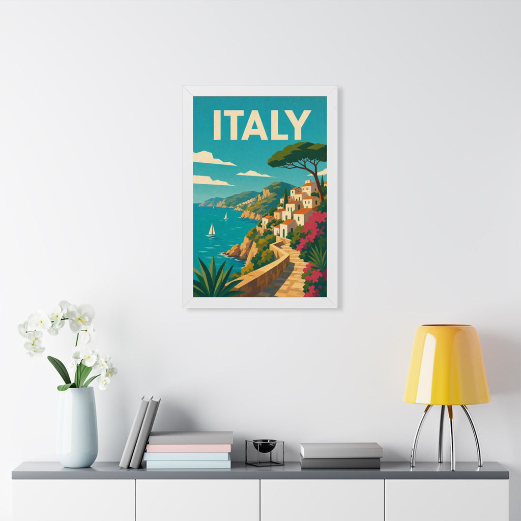 Italian Cliffside Coast Italy Framed Poster | Vintage Travel Wall Art | Black Walnut White Frame | 16x24 20x30