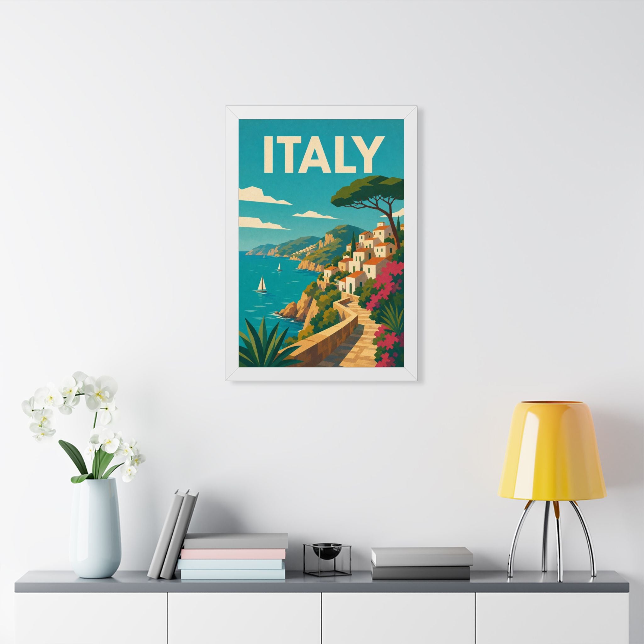 Italian Cliffside Coast Italy Framed Poster | Vintage Travel Wall Art | Black Walnut White Frame | 16x24 20x30
