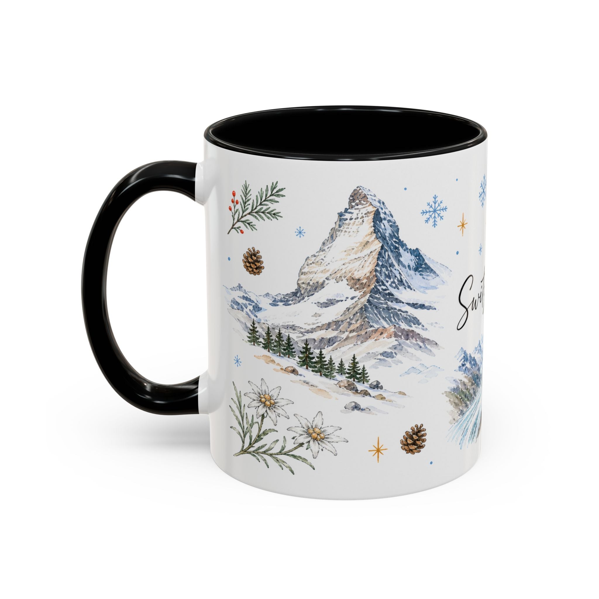 Switzerland Christmas Mug | Watercolor Travel Souvenir | Holiday Gift | Accent Ceramic Coffee Cup 11oz 15oz