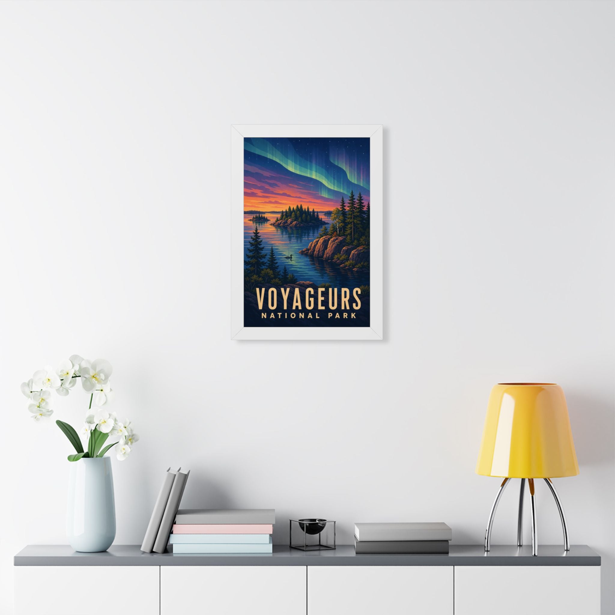 Voyageurs National Park Framed Poster | Vintage Travel Wall Art | Black Walnut White Frame | 16x24 20x30