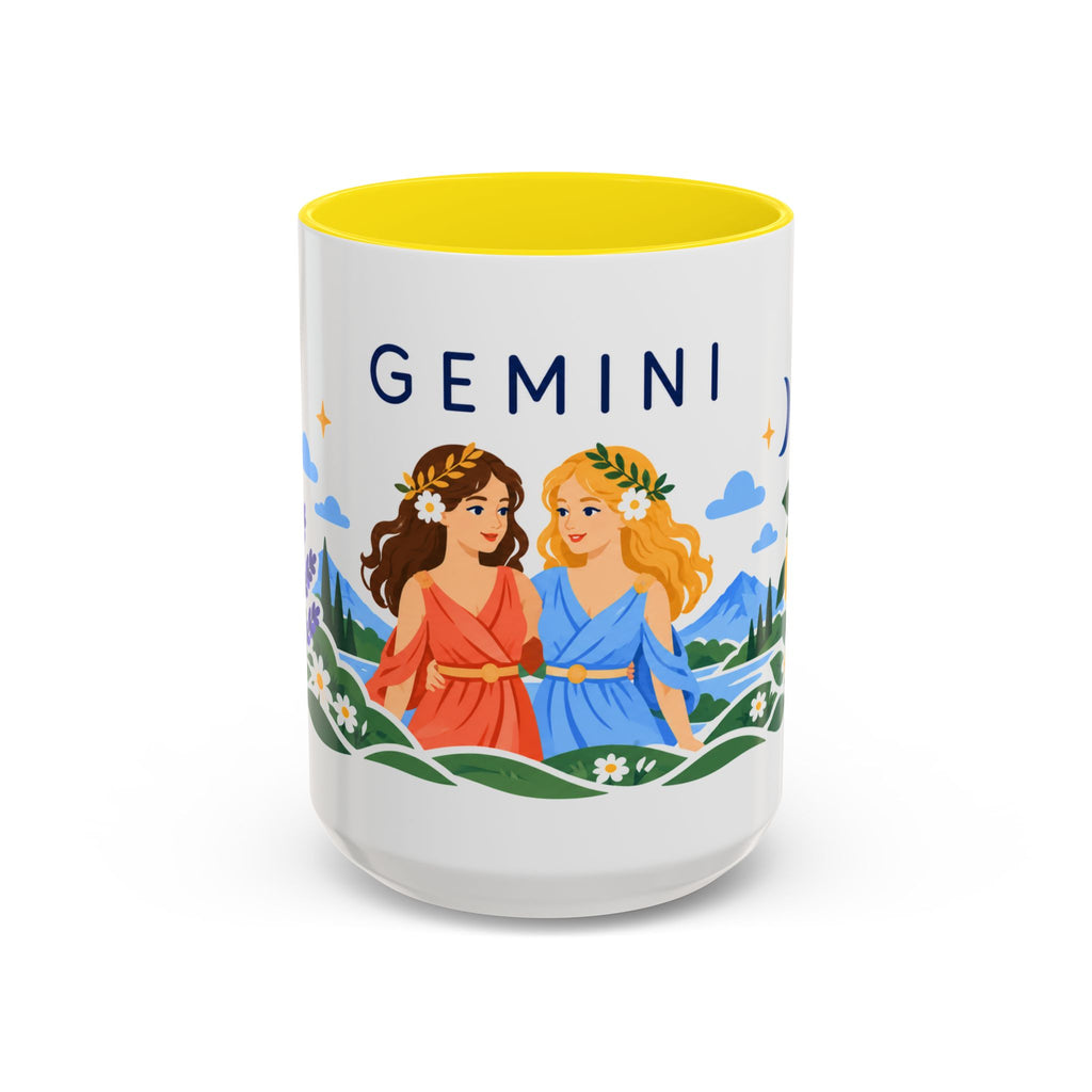 Gemini Zodiac Coffee Mug | Twins and Floral Design | Astrology Birthday Gift | 11 oz 15 oz Ceramic Accent Mug