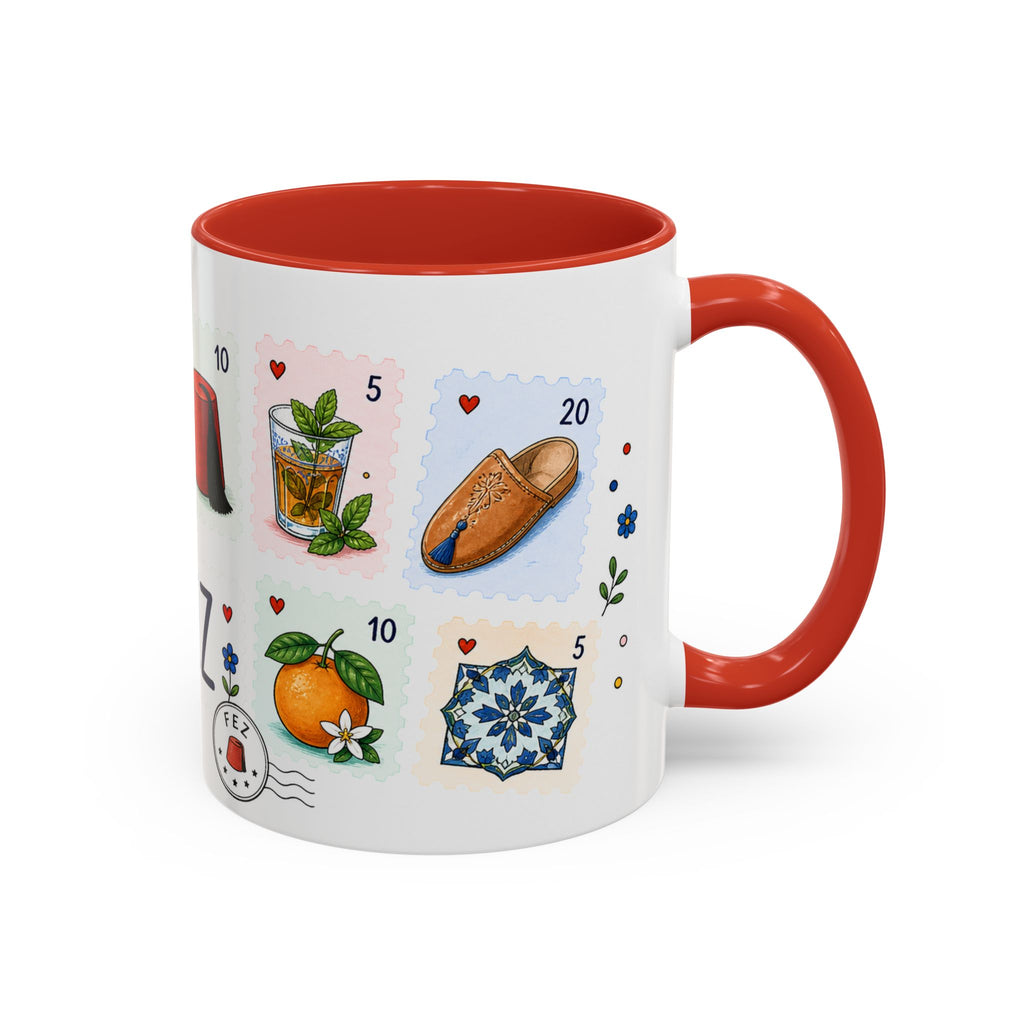 Fez Coffee Mug | Postage Stamp Collage Mug | Travel Souvenir Accent Cup 11oz 15oz