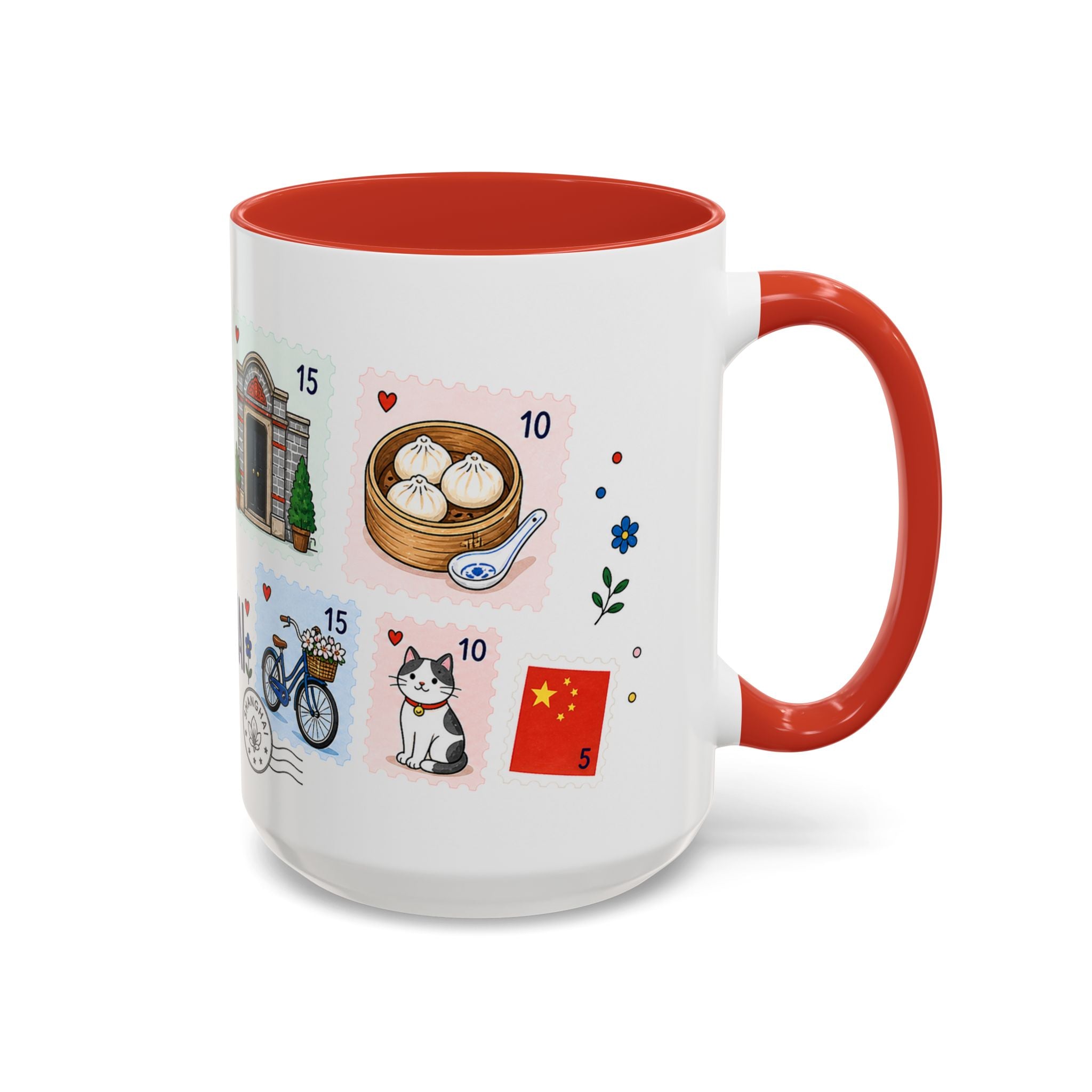 Shanghai Coffee Mug | Postage Stamp Collage Mug | Travel Souvenir Accent Cup 11oz 15oz