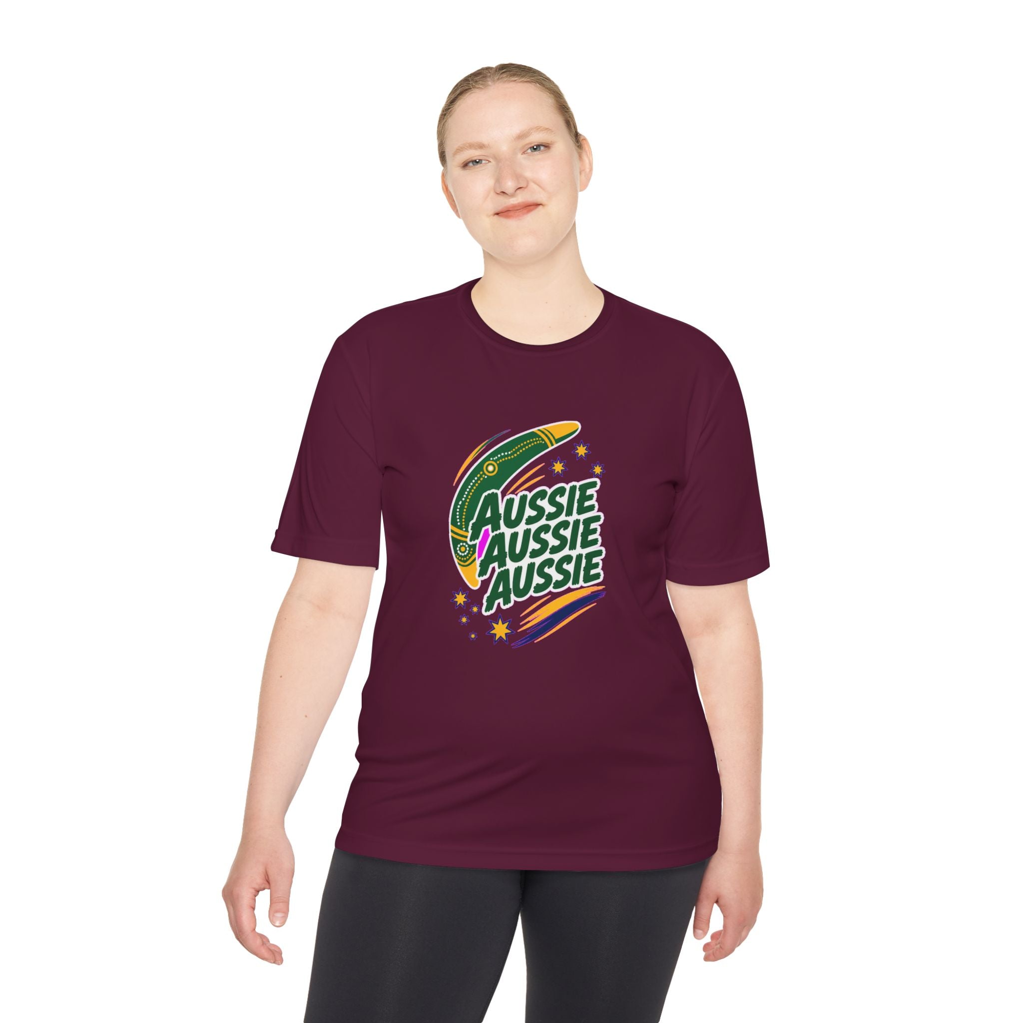 Australia Fan T-Shirt, Aussie Boomerang Design, Moisture Wicking Sport Tee