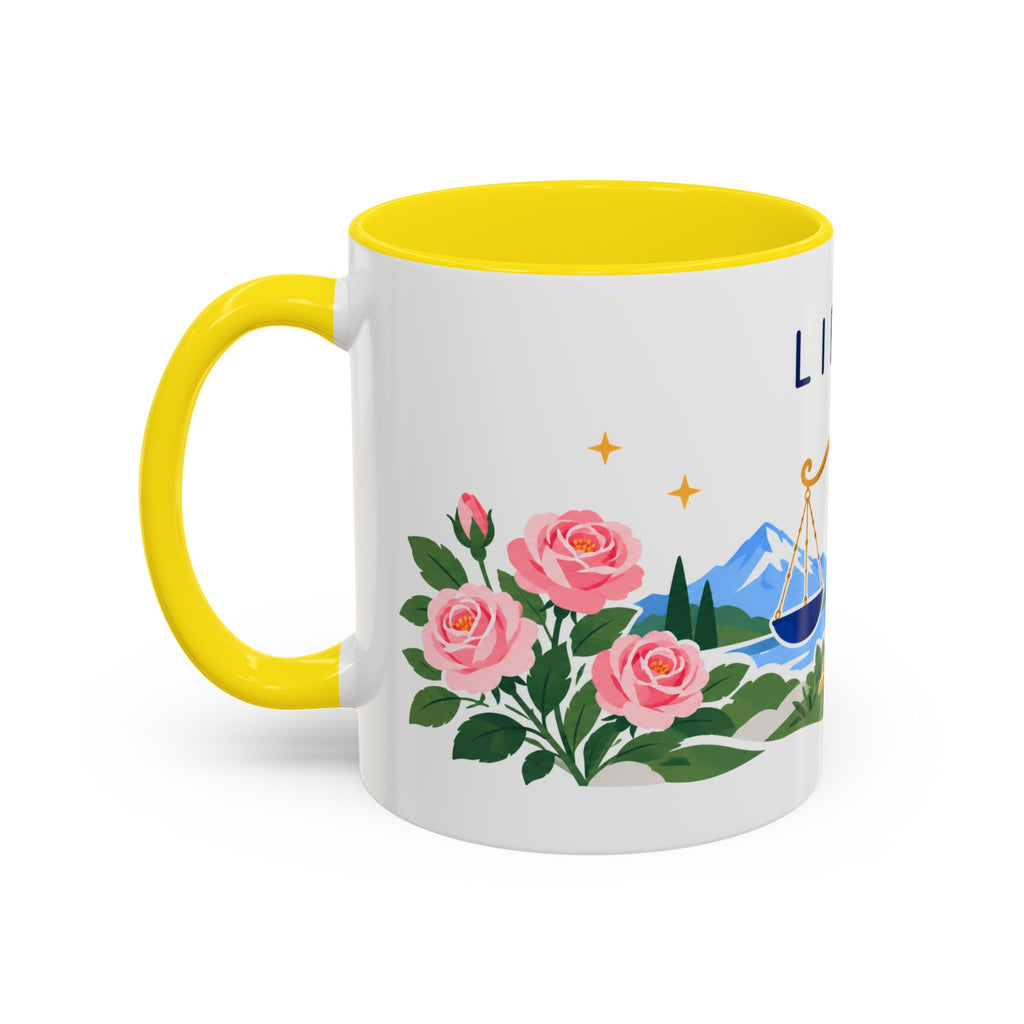 Libra Zodiac Coffee Mug | Scales and Rose Design | Astrology Birthday Gift | 11 oz 15 oz Ceramic Accent Mug