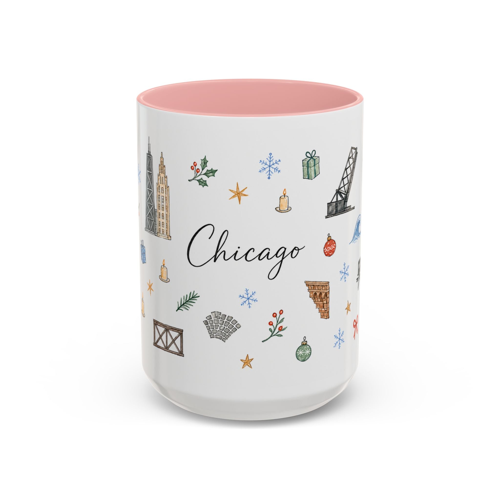 Chicago Christmas Mug | Watercolor Travel Souvenir | Holiday Gift | Accent Ceramic Coffee Cup 11oz 15oz