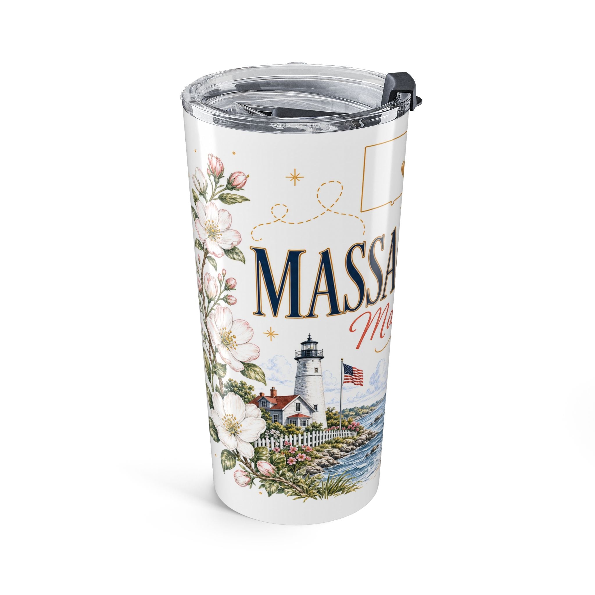 Massachusetts State Flower 20oz Tumbler | Mayflower Botanical State Flower Gift | Insulated Stainless Steel Travel Cup