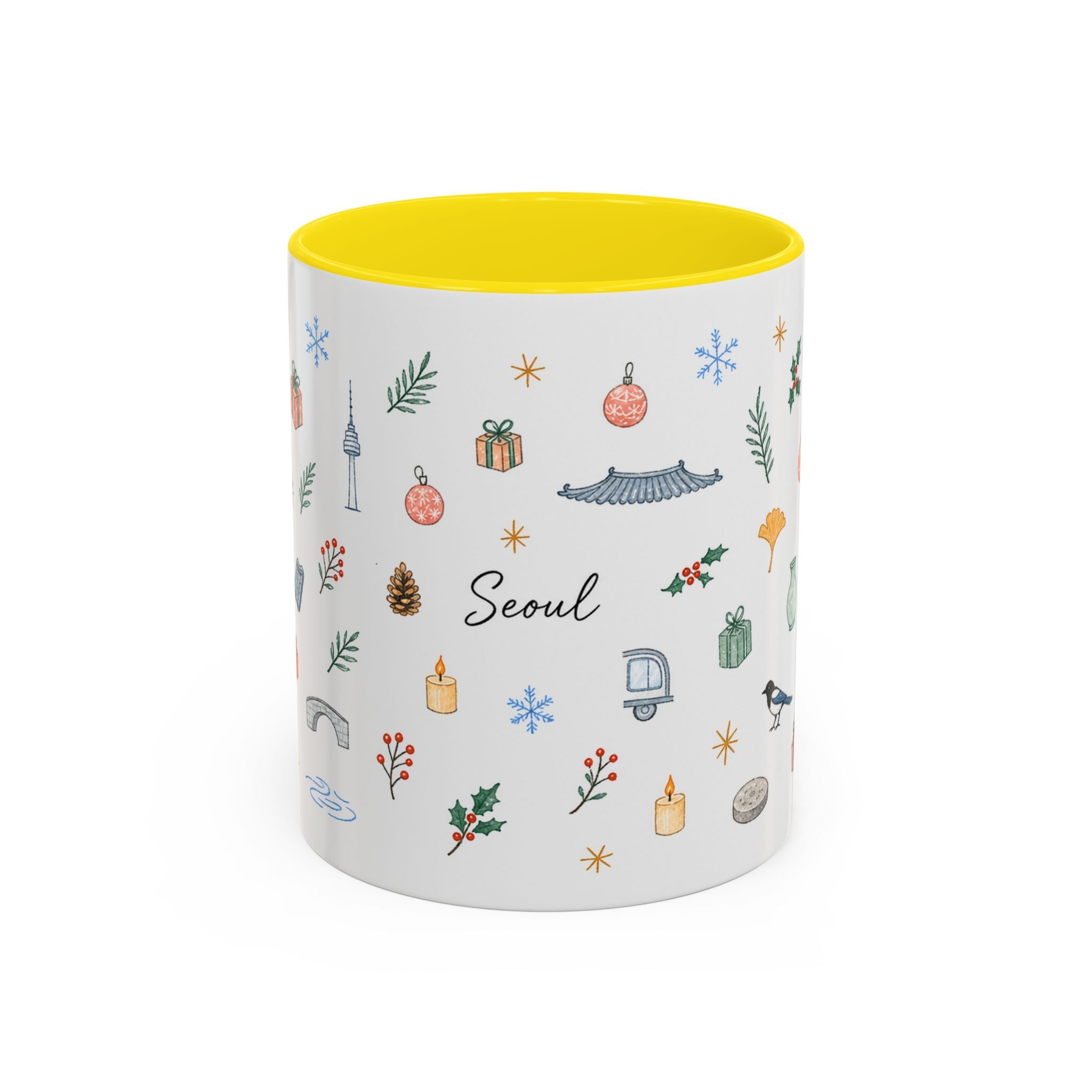 Seoul Christmas Mug | Watercolor Travel Souvenir | Holiday Gift | Accent Ceramic Coffee Cup 11oz 15oz