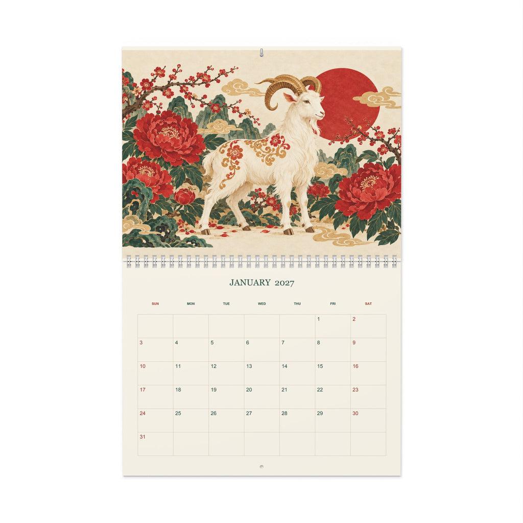 2027 Year of the Goat Wall Calendar, Chinese Zodiac Floral Art, Lunar New Year Gift, 11 x 8.5 Matte Calendar