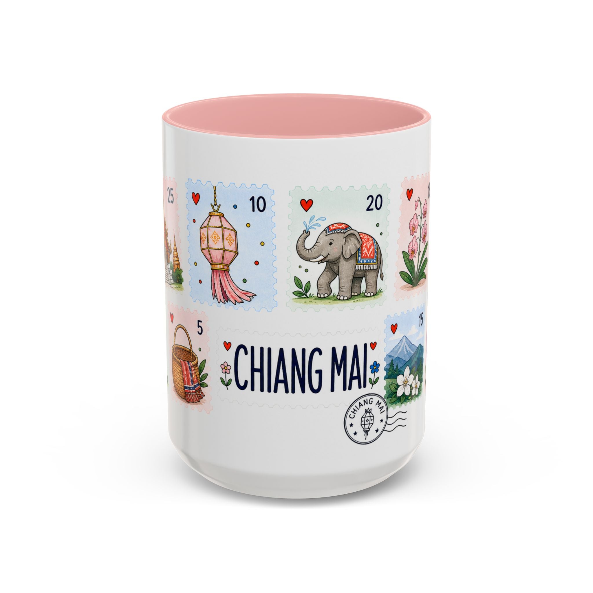 Chiang Mai Coffee Mug | Postage Stamp Collage Mug | Travel Souvenir Accent Cup 11oz 15oz