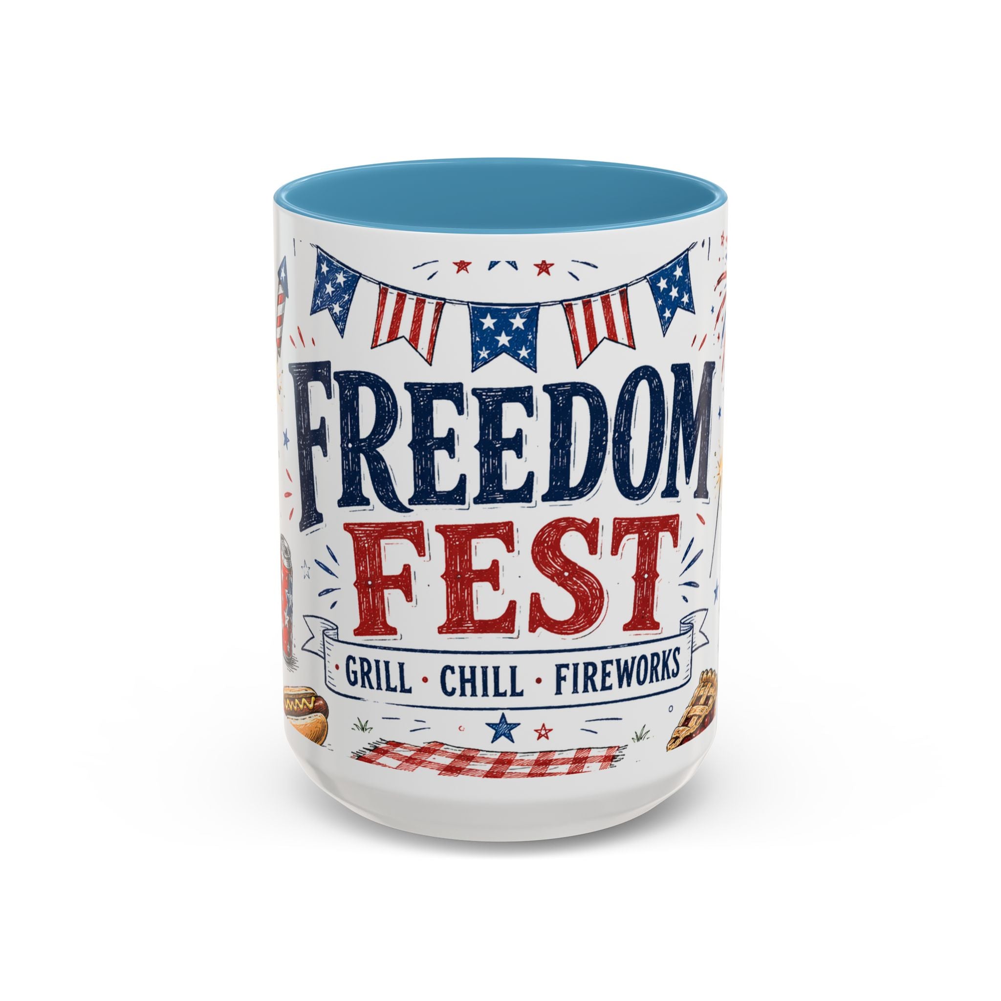 Freedom Fest Coffee Mug | Grill Chill Fireworks 4th of July | Accent Color Ceramic 11oz 15oz