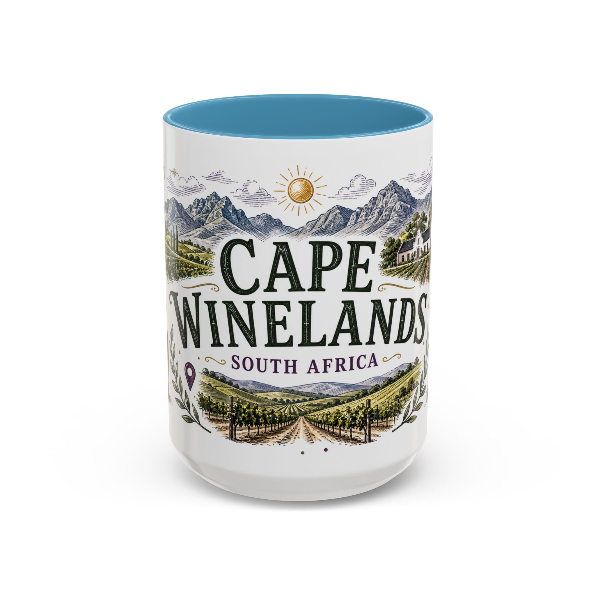 Cape Winelands Coffee Mug | Travel Destination Souvenir Gift | Accent Color Ceramic 11oz 15oz