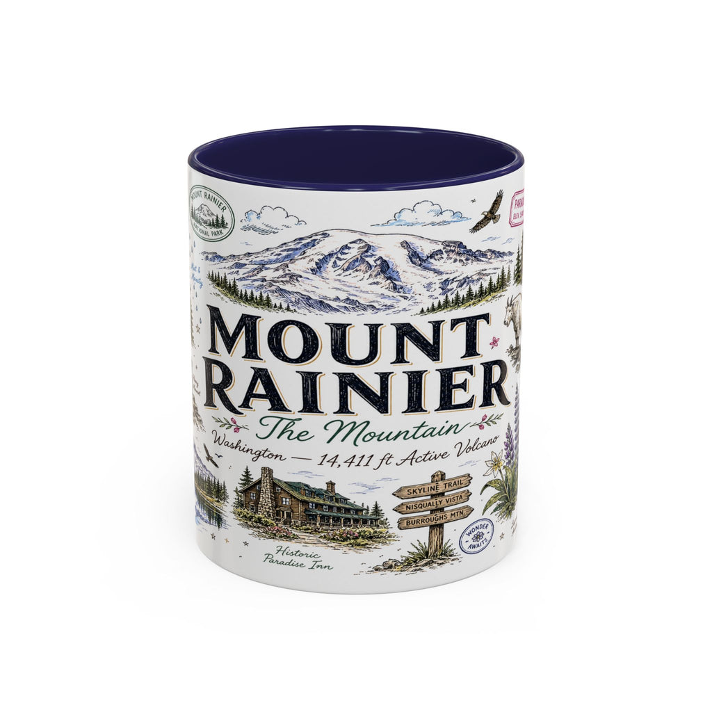Mount Rainier Coffee Mug | National Park Hiking Washington Gift | Accent Color Ceramic 11oz 15oz