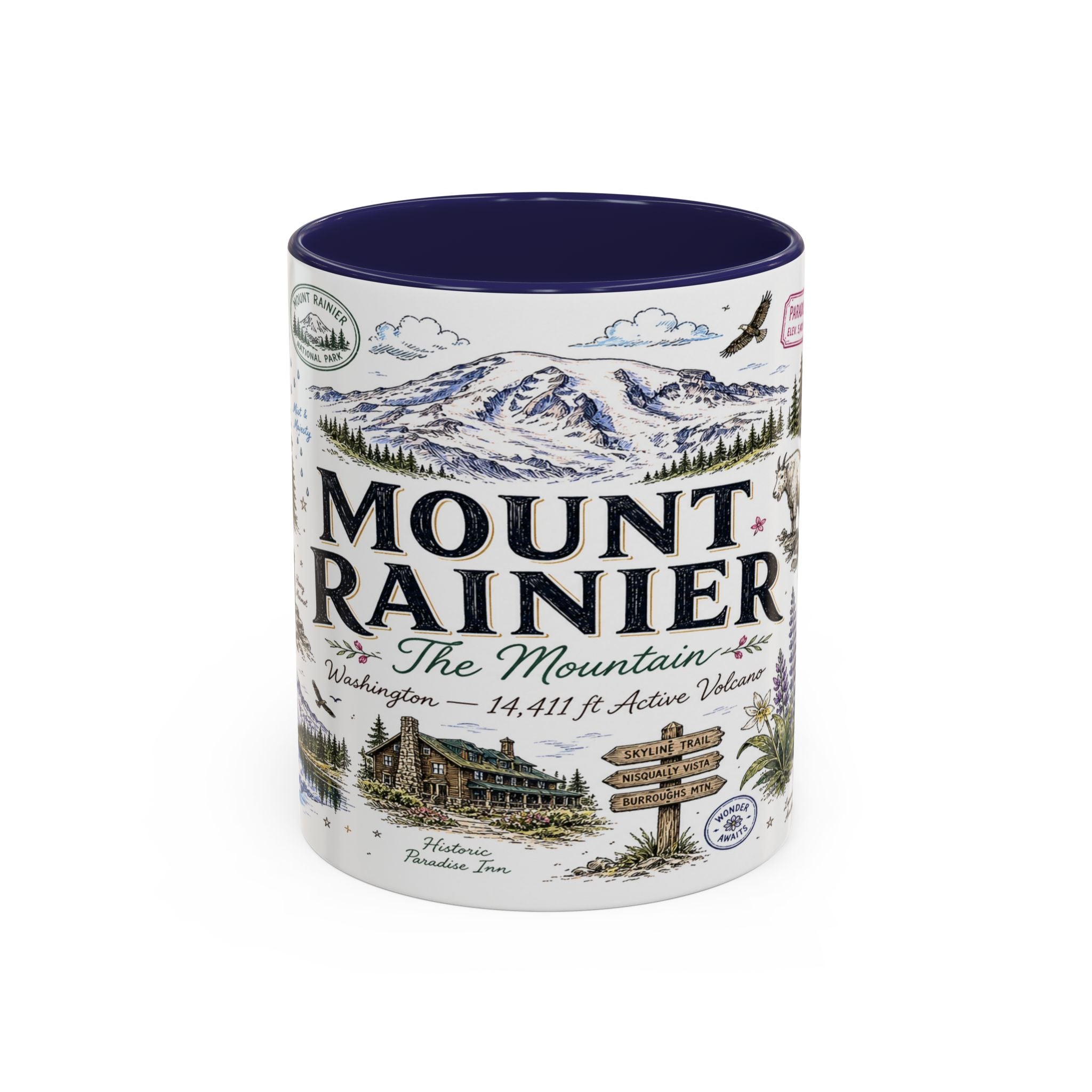 Mount Rainier Coffee Mug | National Park Hiking Washington Gift | Accent Color Ceramic 11oz 15oz