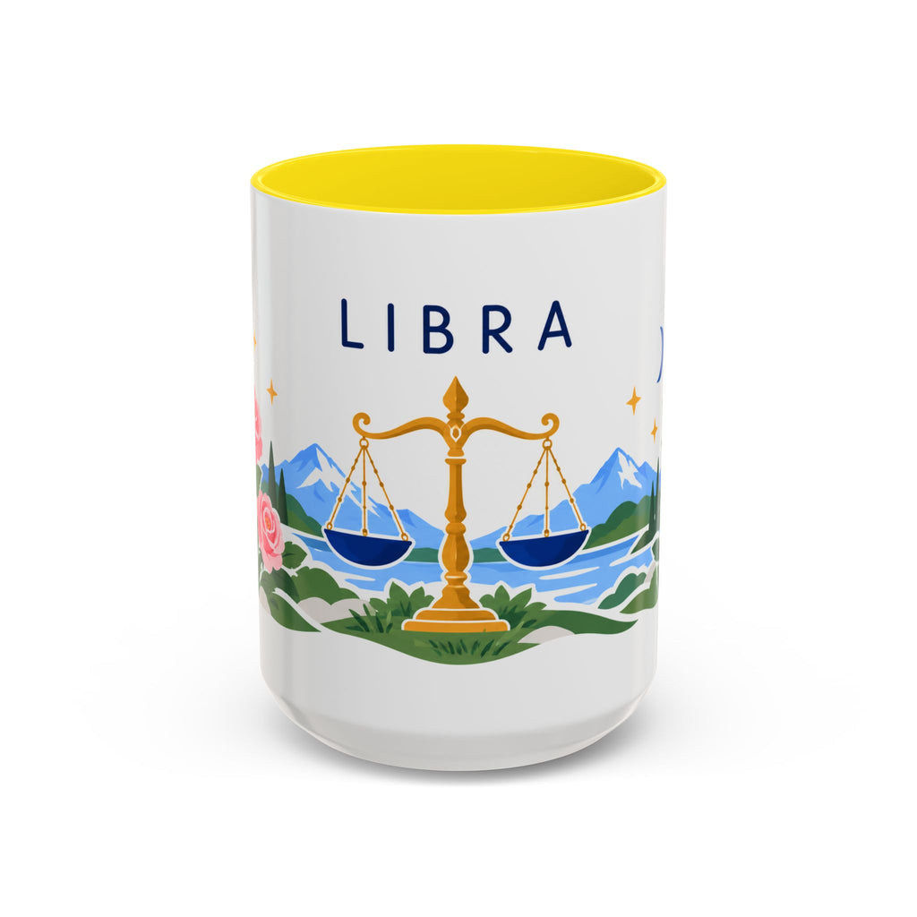 Libra Zodiac Coffee Mug | Scales and Rose Design | Astrology Birthday Gift | 11 oz 15 oz Ceramic Accent Mug