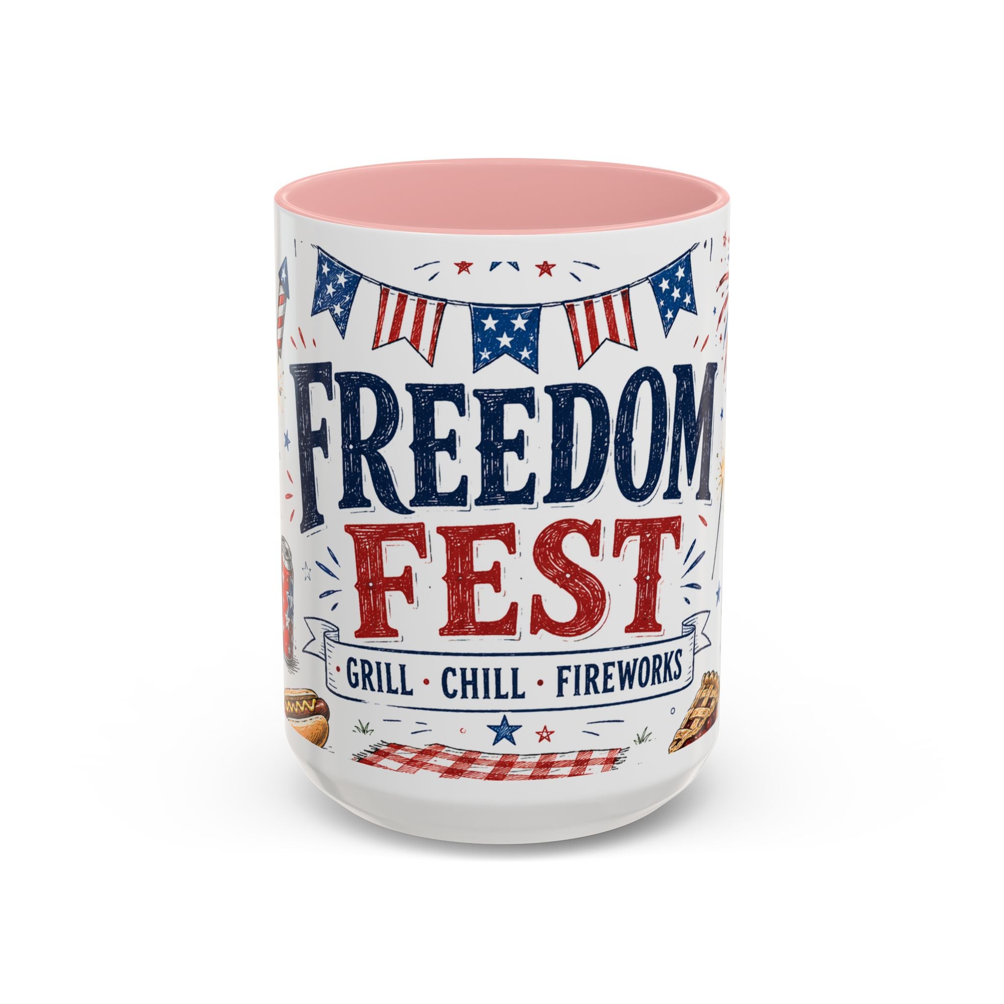 Freedom Fest Coffee Mug | Grill Chill Fireworks 4th of July | Accent Color Ceramic 11oz 15oz
