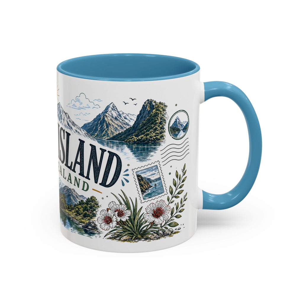 New Zealand South Island Coffee Mug | Travel Destination Souvenir Gift | Accent Color Ceramic 11oz 15oz