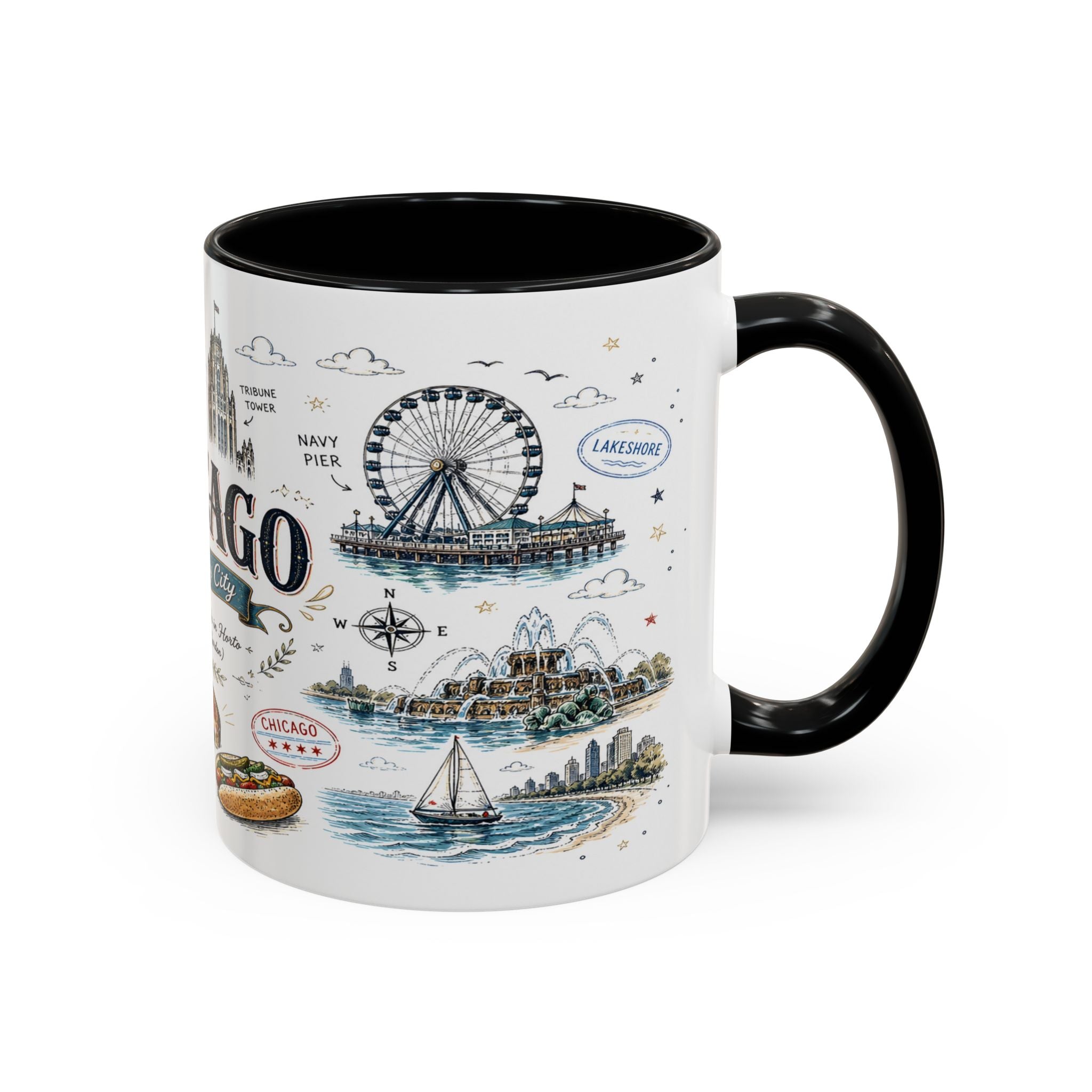 Chicago Coffee Mug | Illinois Souvenir City Gift | Accent Color Ceramic 11oz 15oz