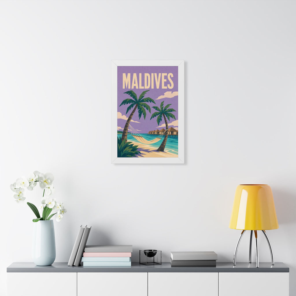 Maldives Beach Maldives Framed Poster | Vintage Travel Wall Art | Black Walnut White Frame | 16x24 20x30