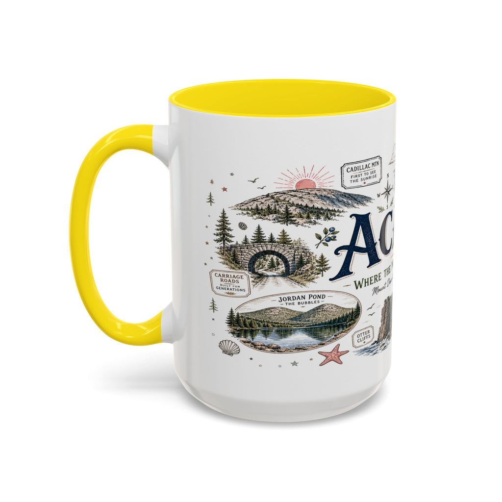 Acadia Coffee Mug | National Park Hiking Coastal Gift | Accent Color Ceramic 11oz 15oz