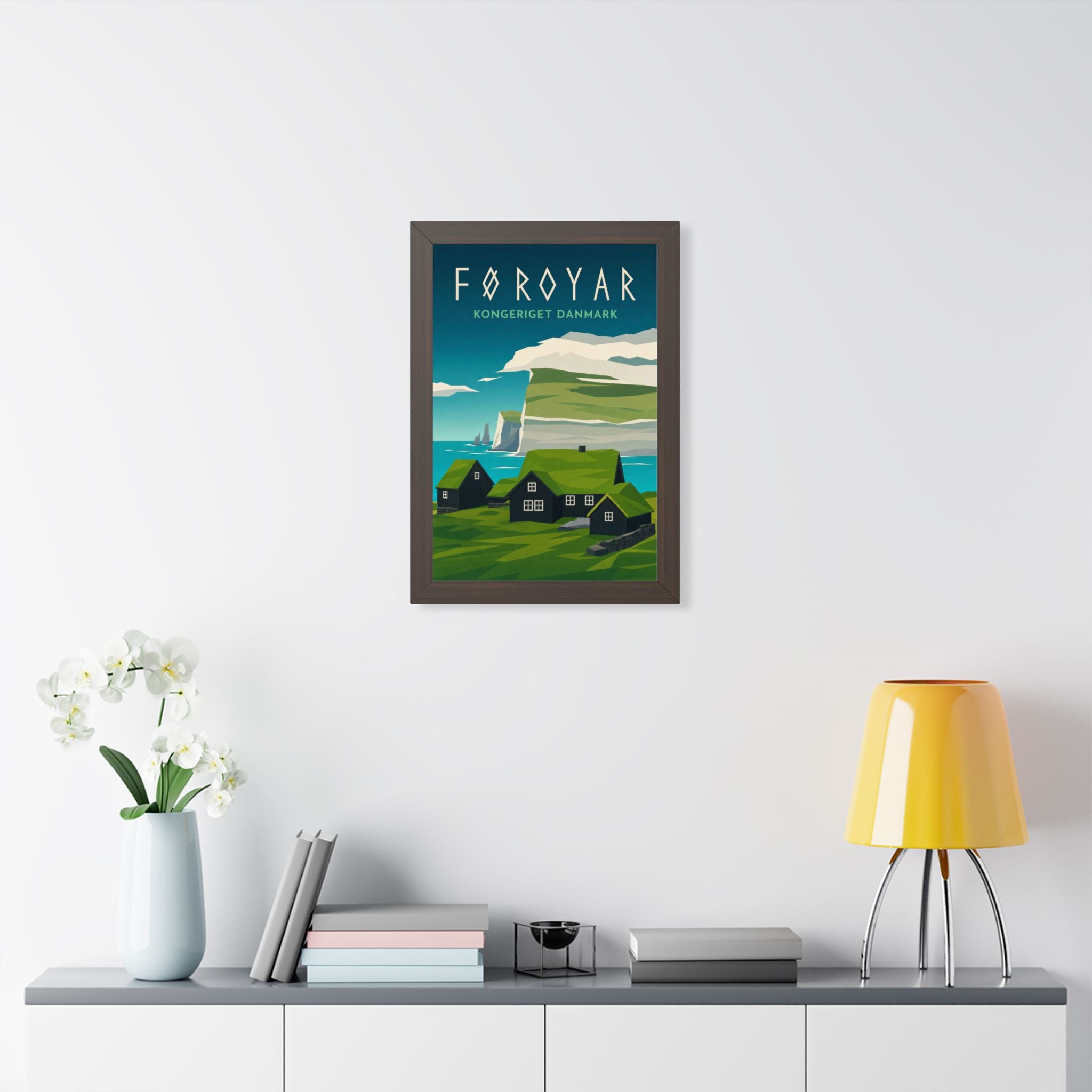 Faroe Islands Denmark Framed Poster | Vintage Travel Wall Art | Black Walnut White Frame | 16x24 20x30