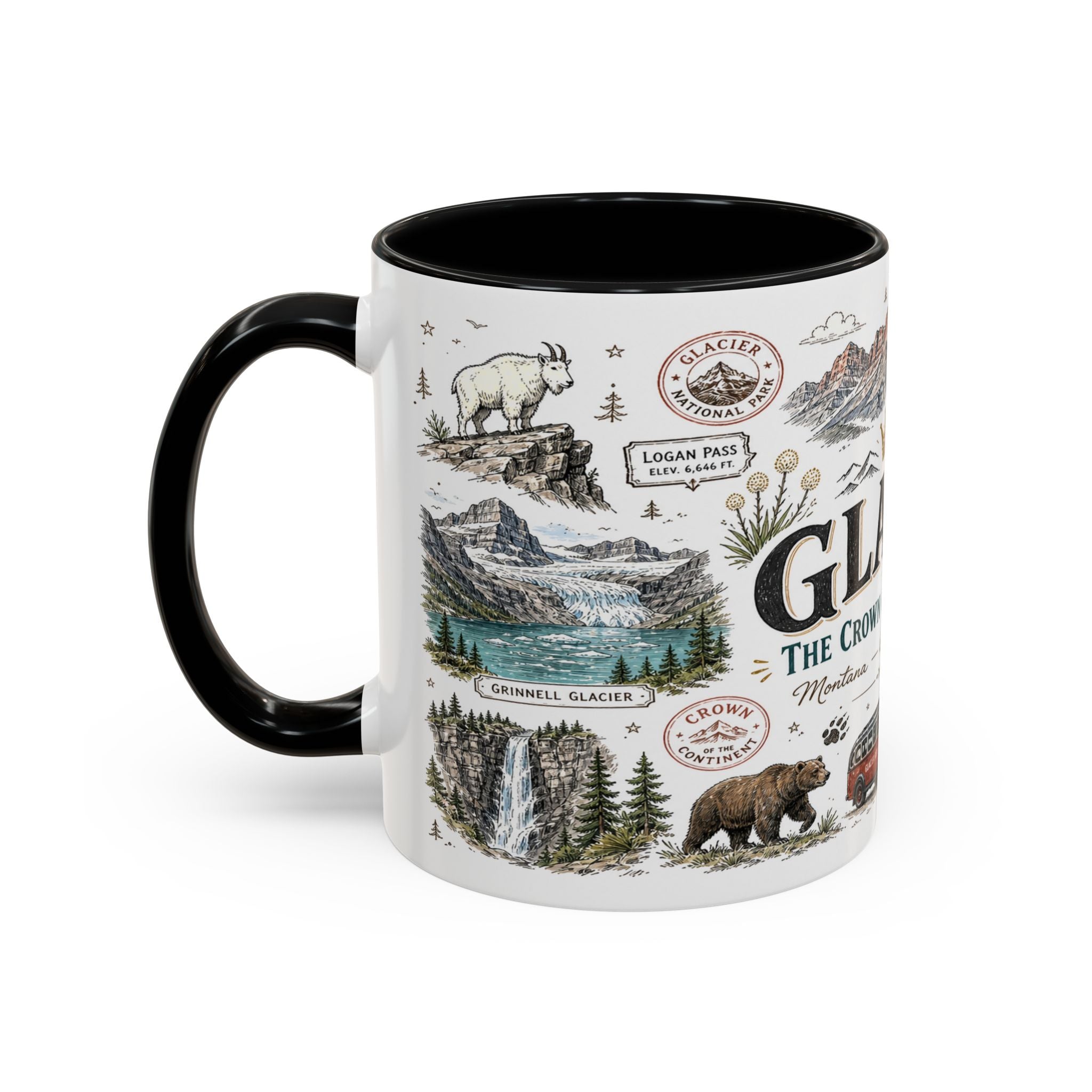 Glacier Coffee Mug | National Park Hiking Montana Gift | Accent Color Ceramic 11oz 15oz