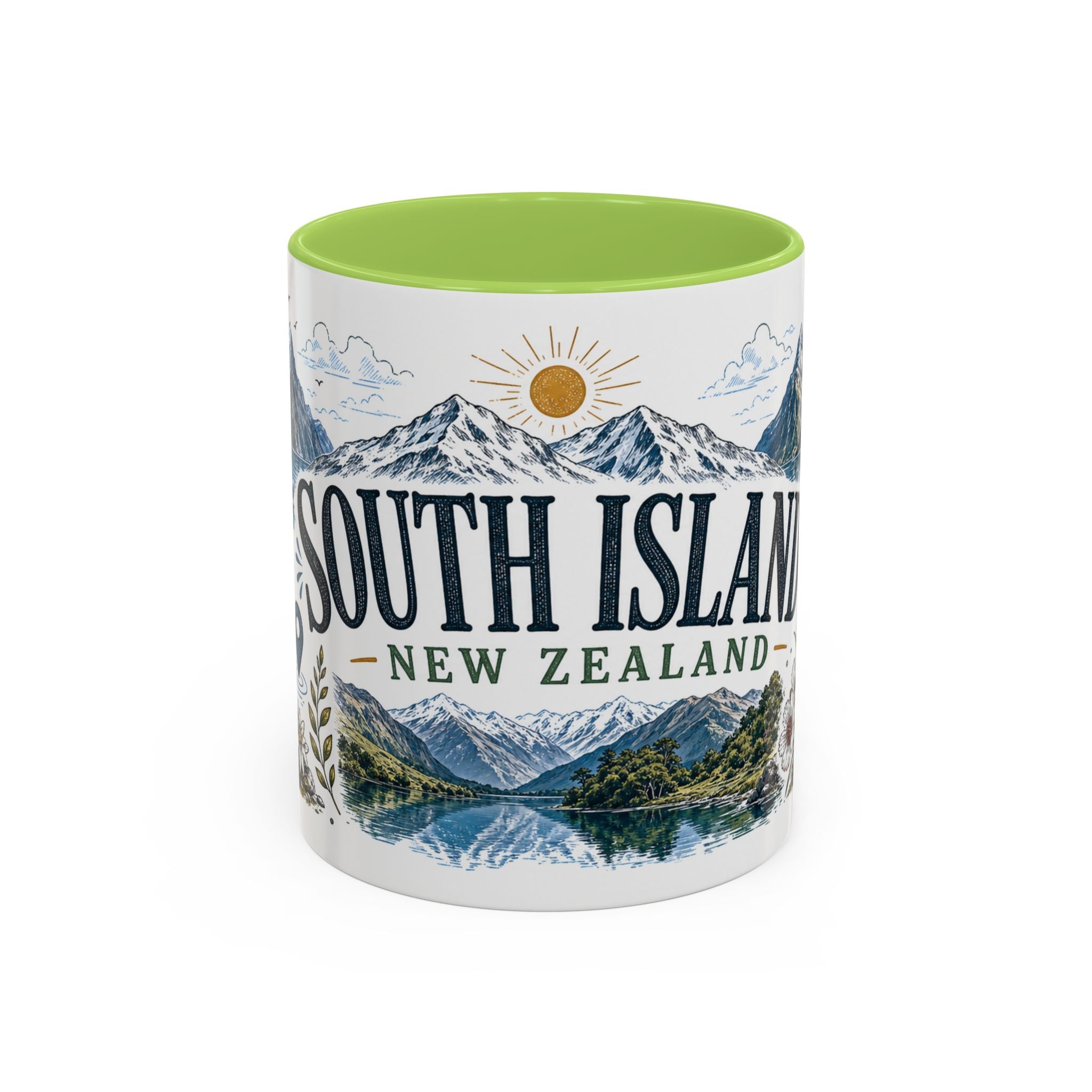 New Zealand South Island Coffee Mug | Travel Destination Souvenir Gift | Accent Color Ceramic 11oz 15oz