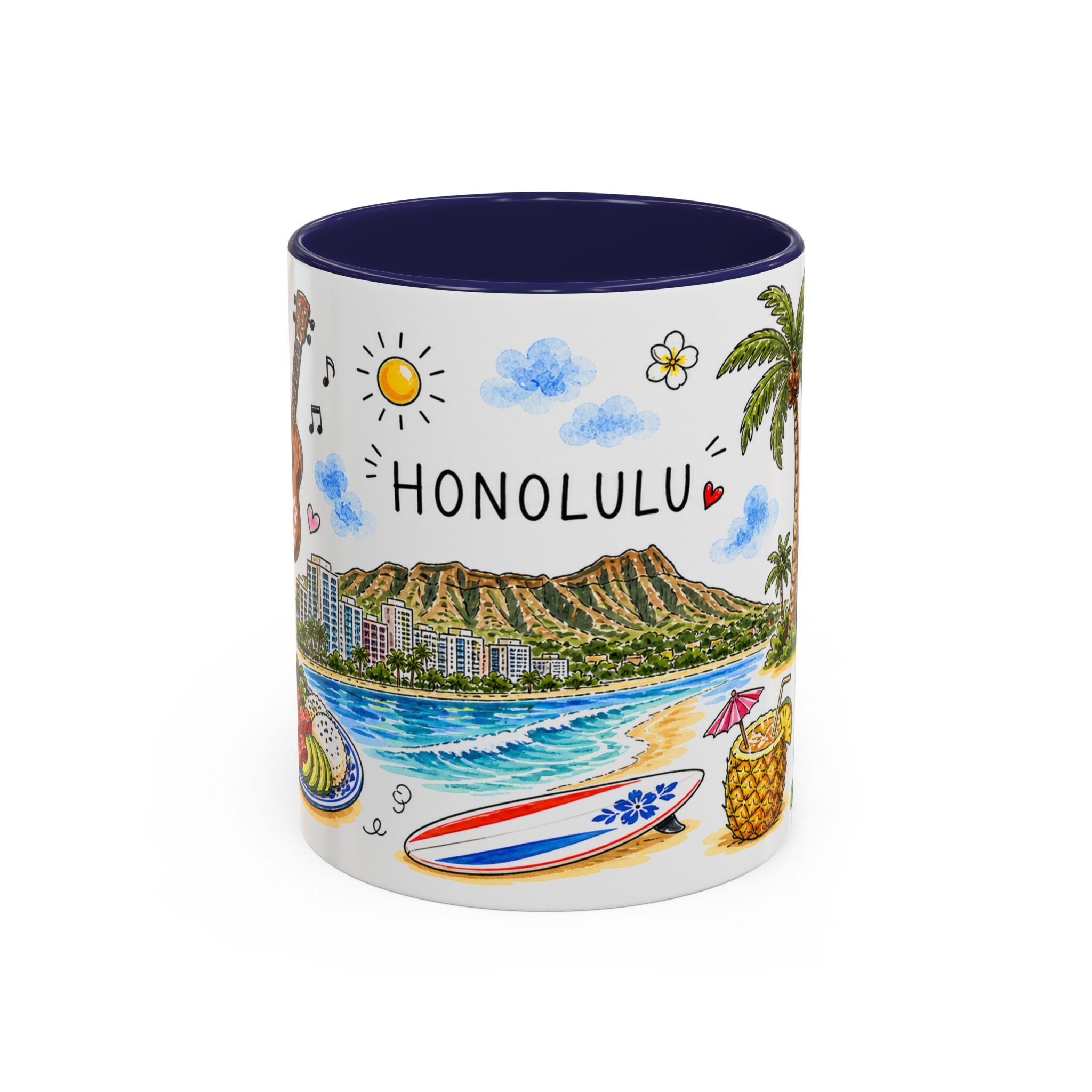 Honolulu Illustrated Travel Mug | City Souvenir Accent Coffee Mug | 11oz 15oz Ceramic Cup
