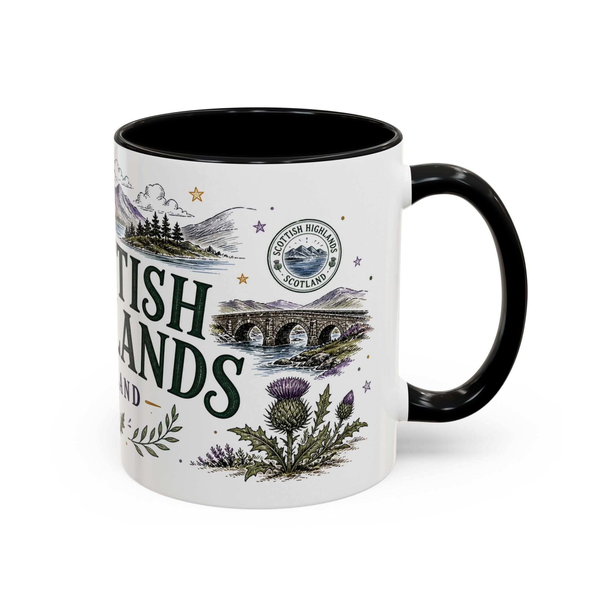 Scottish Highlands Coffee Mug | Travel Destination Souvenir Gift | Accent Color Ceramic 11oz 15oz