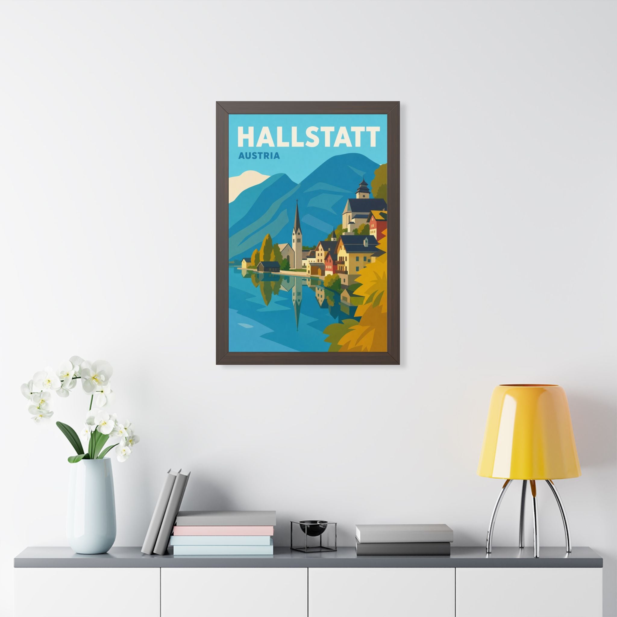 Hallstatt Austria Framed Poster | Vintage Travel Wall Art | Black Walnut White Frame | 16x24 20x30