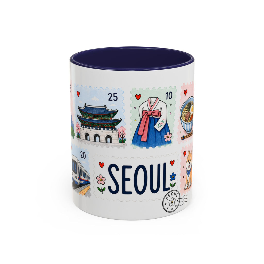 Seoul Coffee Mug | Postage Stamp Collage Mug | Travel Souvenir Accent Cup 11oz 15oz