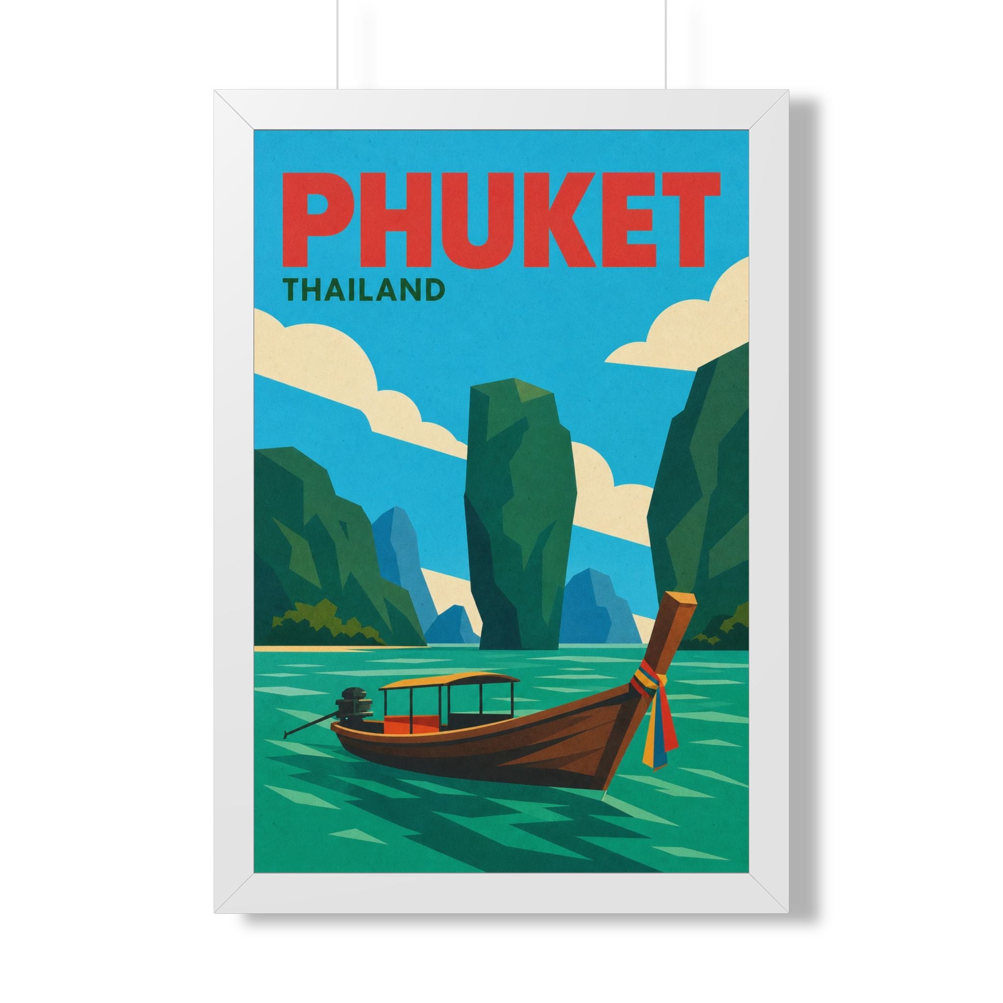 Phuket Thailand Framed Poster | Vintage Travel Wall Art | Black Walnut White Frame | 16x24 20x30