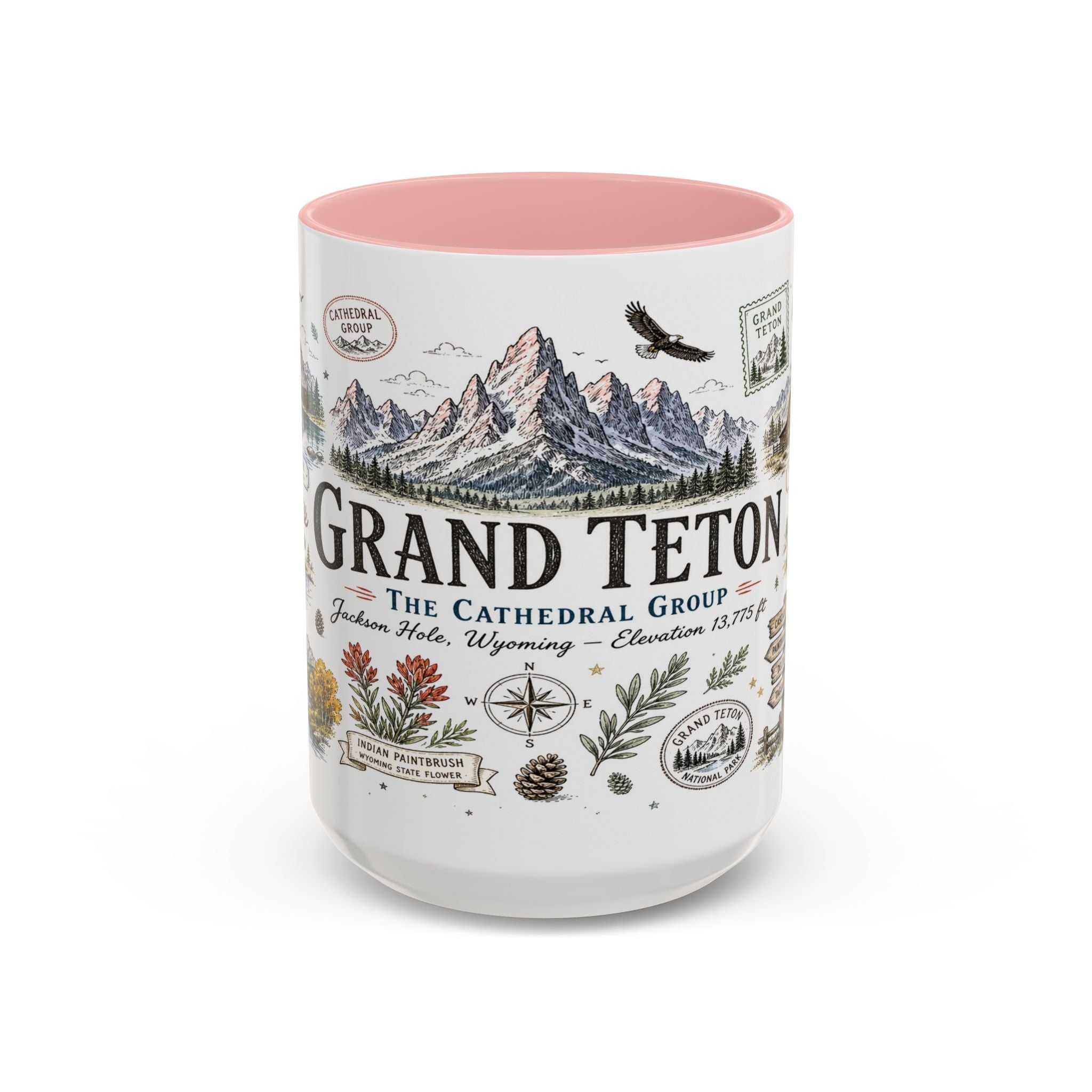 Grand Teton Coffee Mug | National Park Hiking Wyoming Gift | Accent Color Ceramic 11oz 15oz